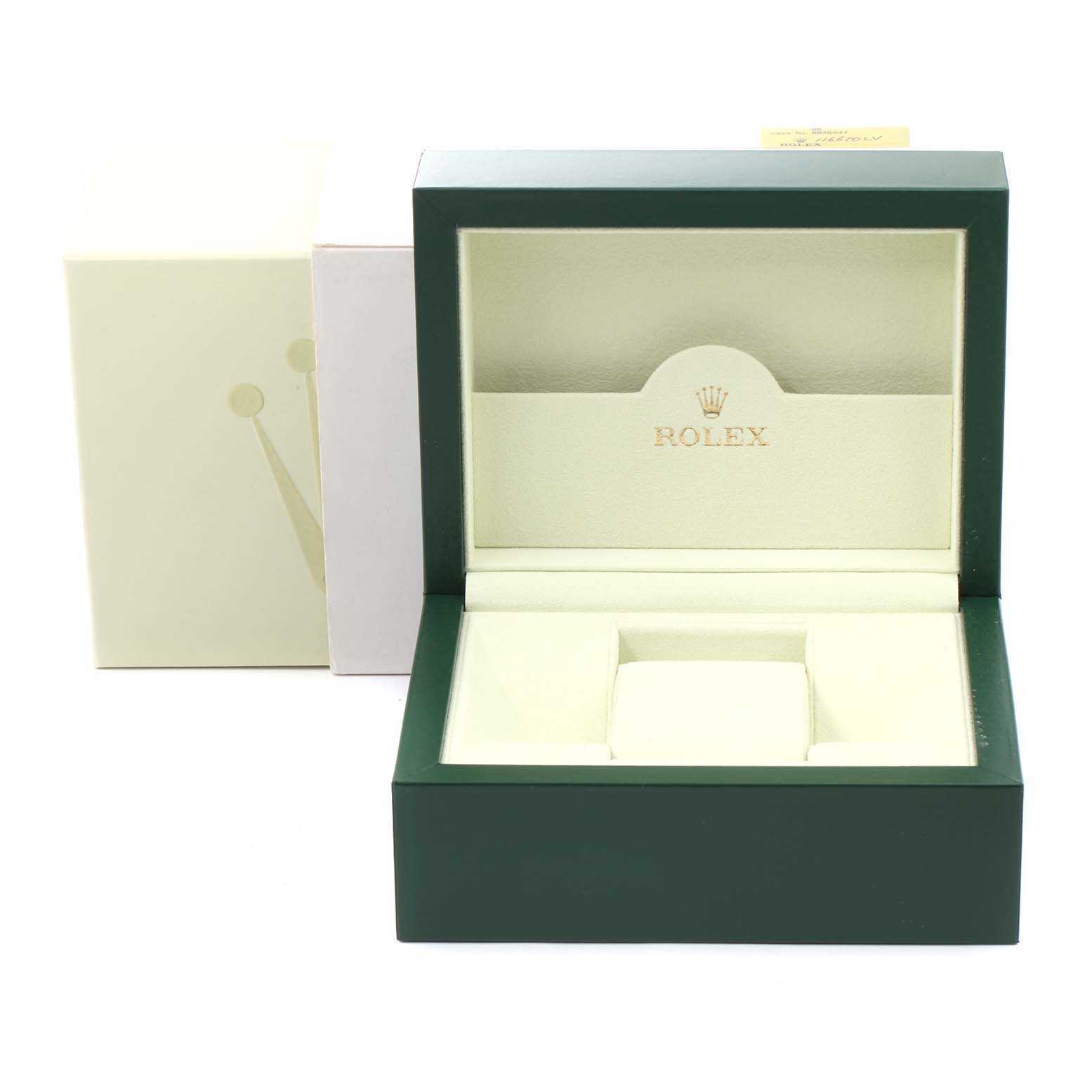 The image shows an open Rolex President 179178 Women
s Yellow Gold Champagne Dial 179178 Women
s Yellow Gold Champagne Dial model watch box, revealing its interior compartments and cushioned watch holder.