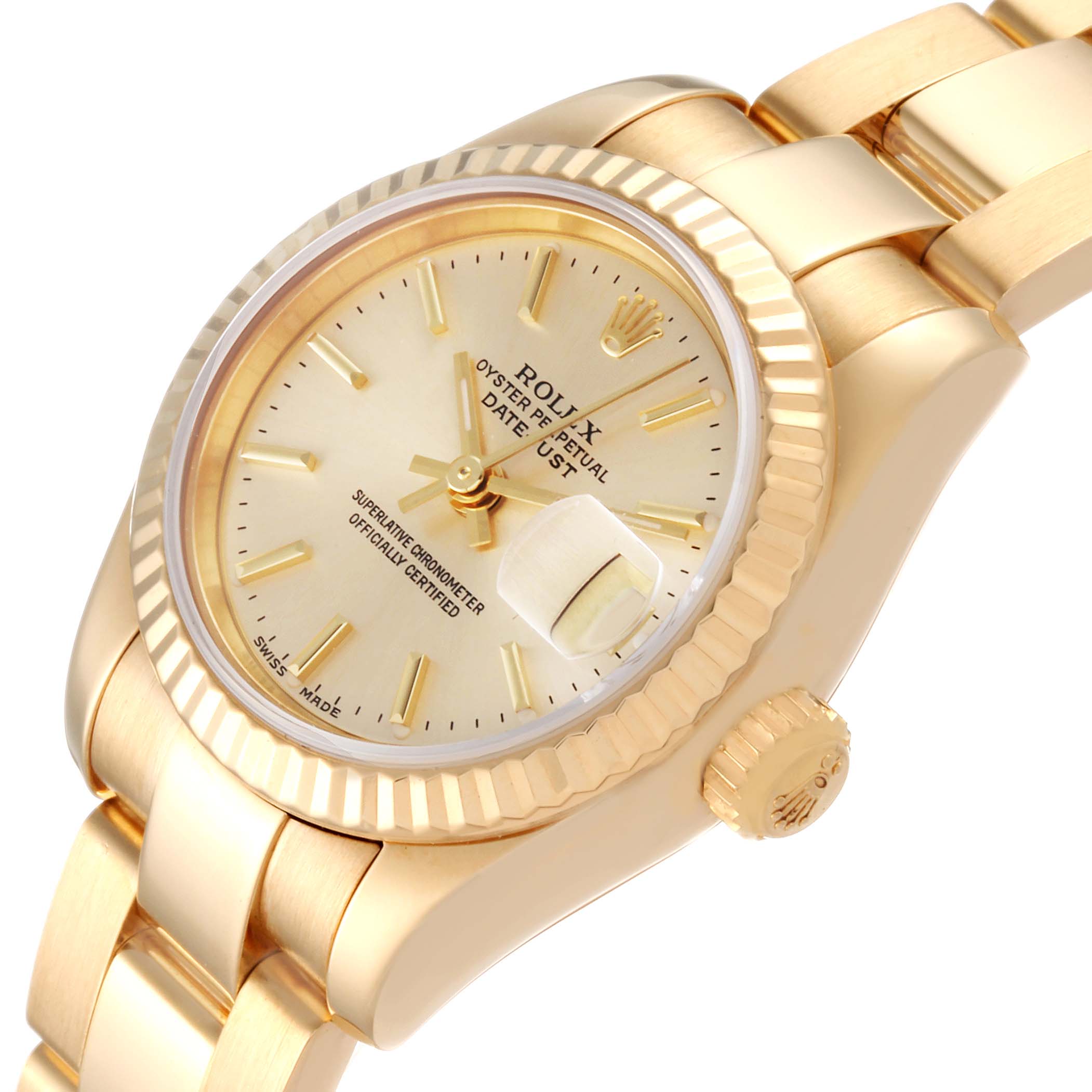 This image shows a close-up angle of a gold Rolex President 179178 Women
s Yellow Gold Champagne Dial 179178 Women
s Yellow Gold Champagne Dial model watch, highlighting the dial, bezel, and part of the bracelet.