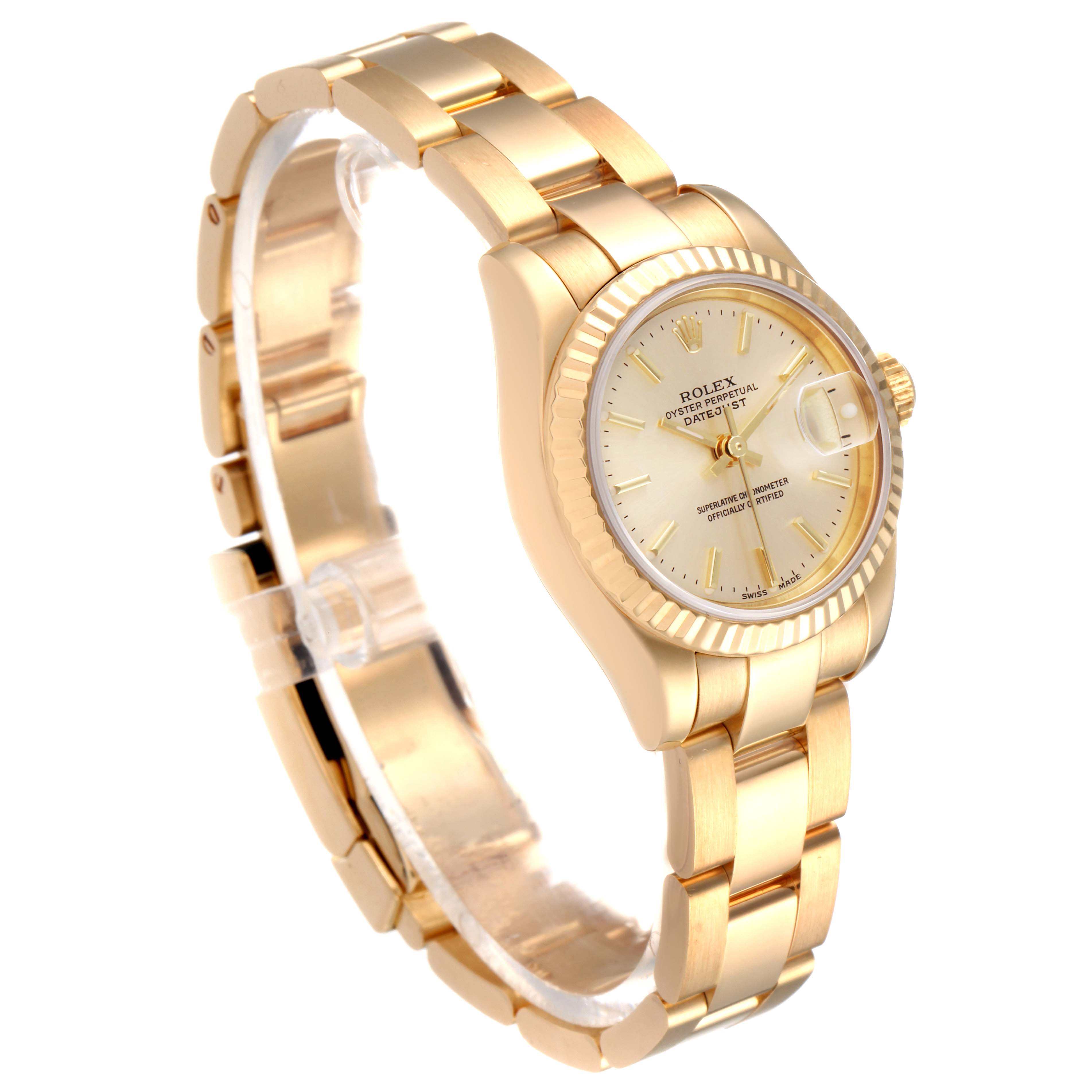 The image shows a side angle view of a Rolex President 179178 Women
s Yellow Gold Champagne Dial 179178 Women
s Yellow Gold Champagne Dial model watch, highlighting the bracelet, case, and dial.