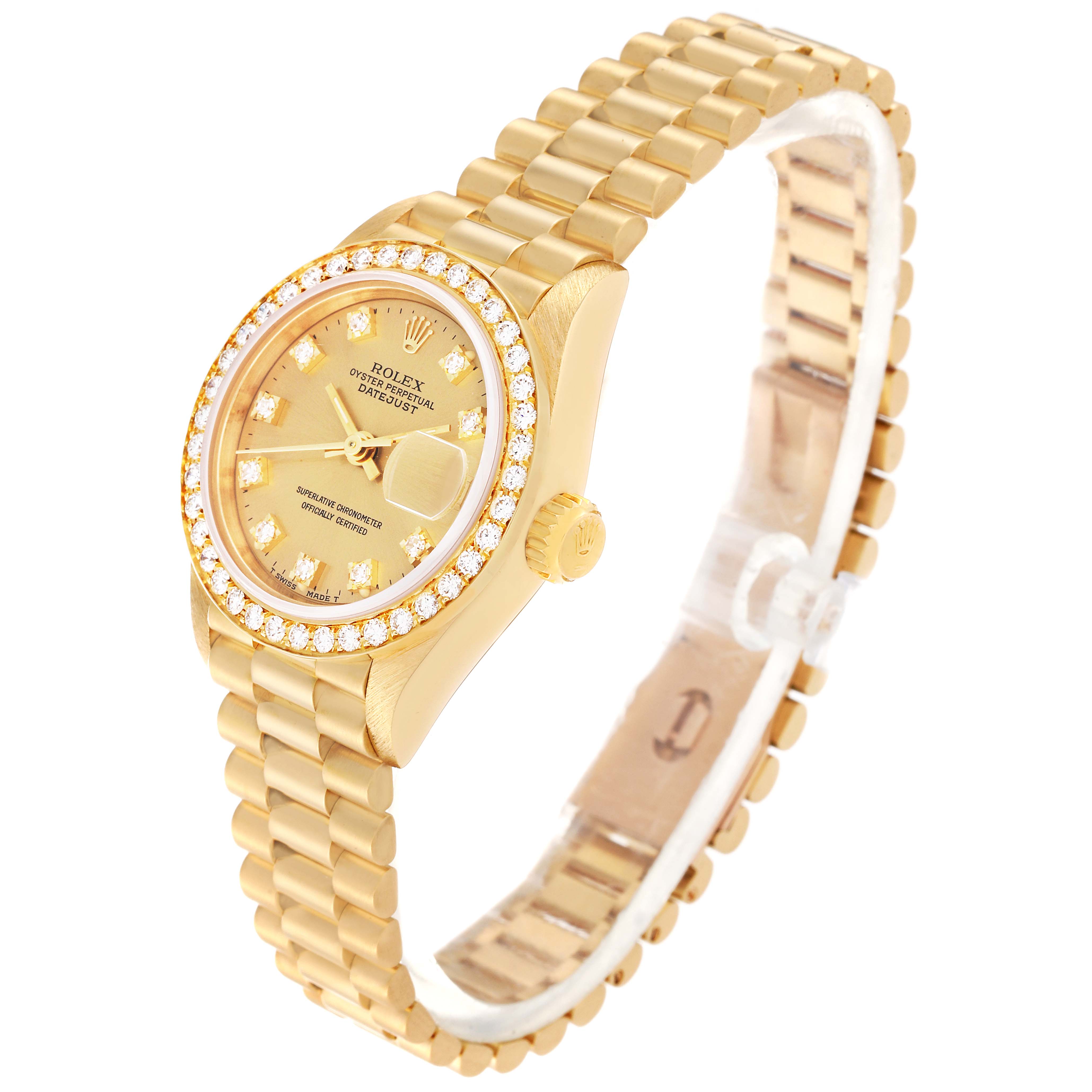 This image shows a side angle of the Rolex President 69138 Women
s Yellow Gold Champagne Dial 69138 Women
s Yellow Gold Champagne Dial model watch, highlighting its gold band, bezel with diamonds, and dial.