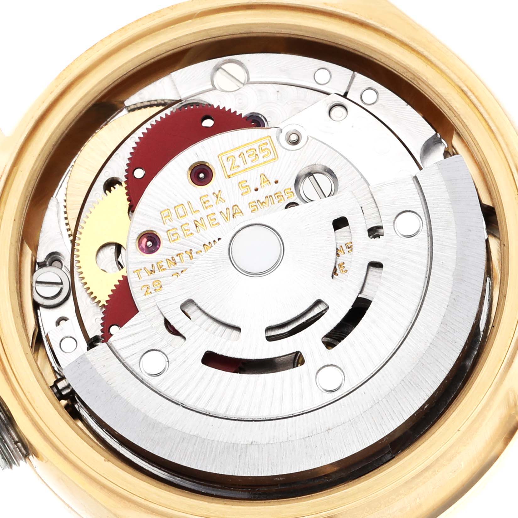 The image shows the intricate inner mechanism and movement parts of a Rolex President 69138 Women
s Yellow Gold Champagne Dial 69138 Women
s Yellow Gold Champagne Dial model watch.
