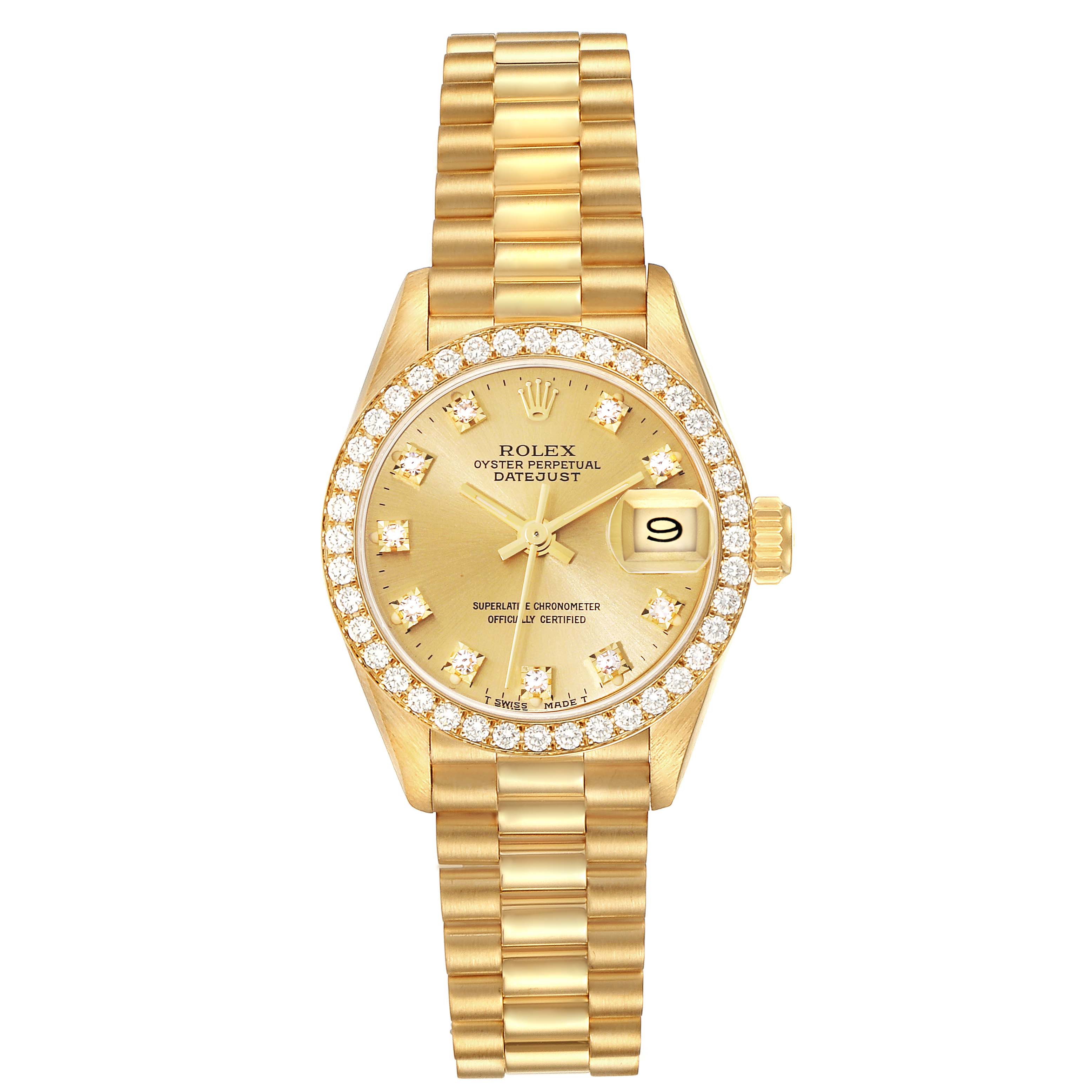 The image shows a gold Rolex President 69138 Women
s Yellow Gold Champagne Dial 69138 Women
s Yellow Gold Champagne Dial model watch from a front angle, highlighting its dial, bracelet, and bejeweled bezel.