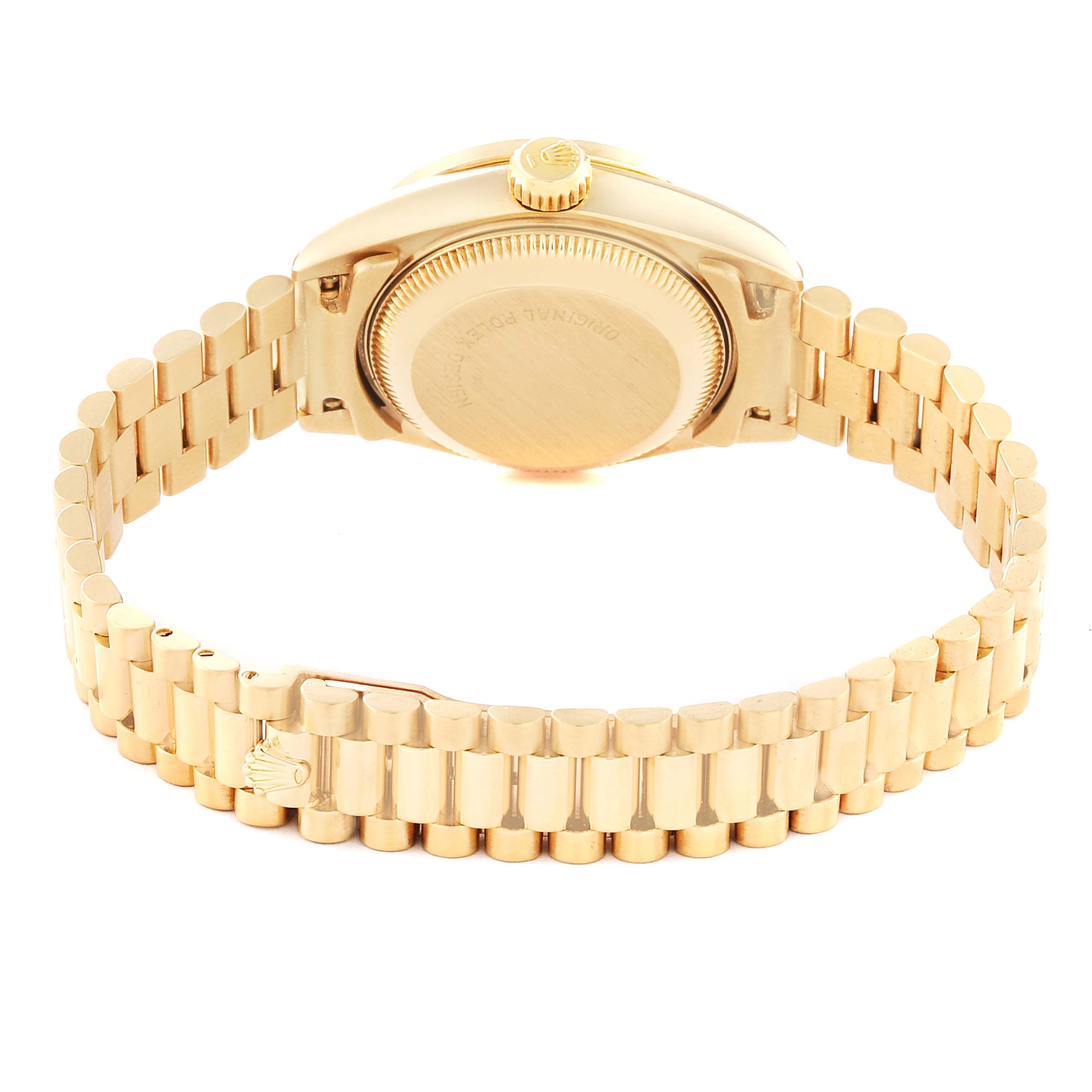 The image shows the back view of a Rolex President 69138 Women
s Yellow Gold Champagne Dial 69138 Women
s Yellow Gold Champagne Dial watch, highlighting its case back, crown, and gold bracelet.