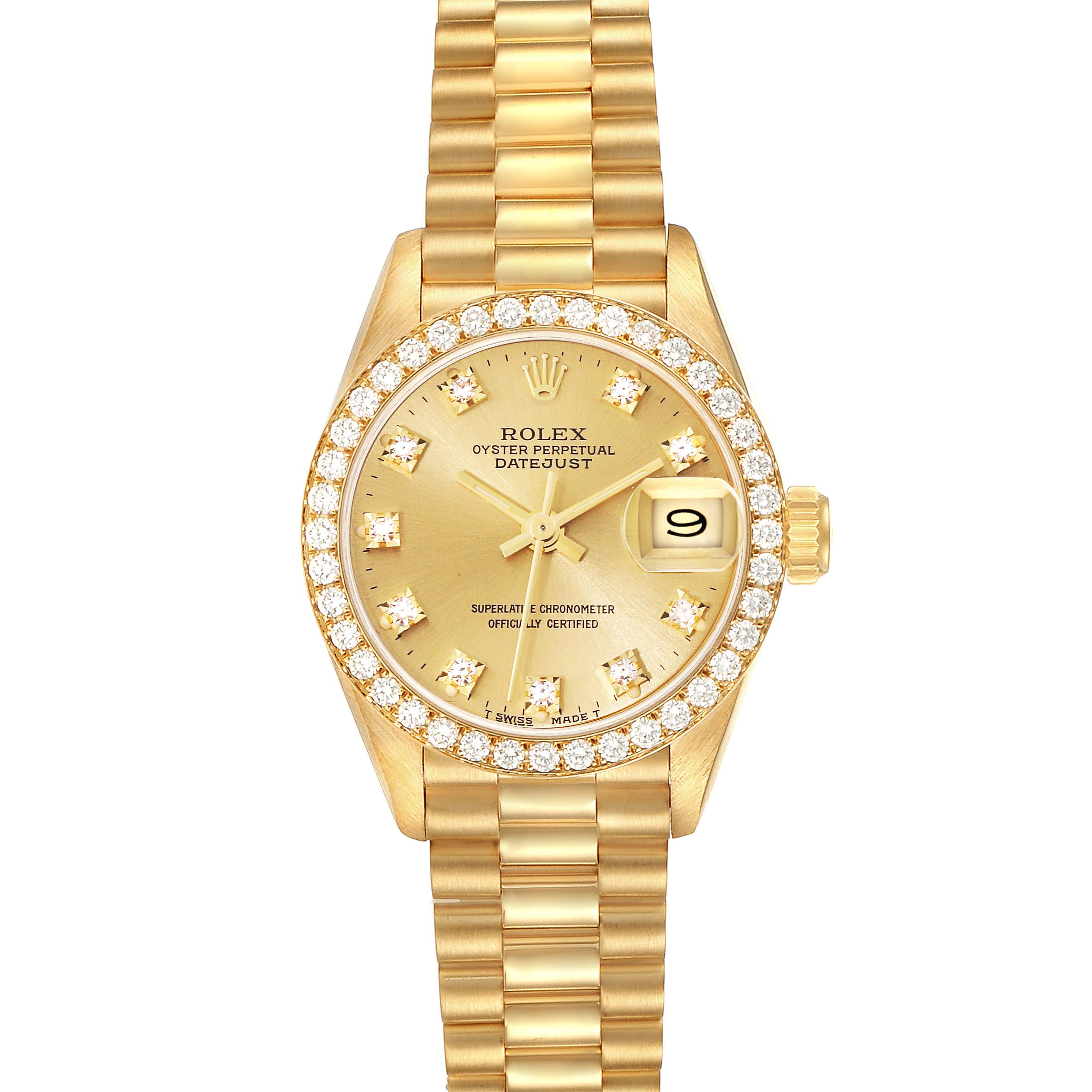 The image shows a Rolex President 69138 Women
s Yellow Gold Champagne Dial 69138 Women
s Yellow Gold Champagne Dial model watch featuring a gold bracelet, diamond bezel, and date display, viewed from the front.