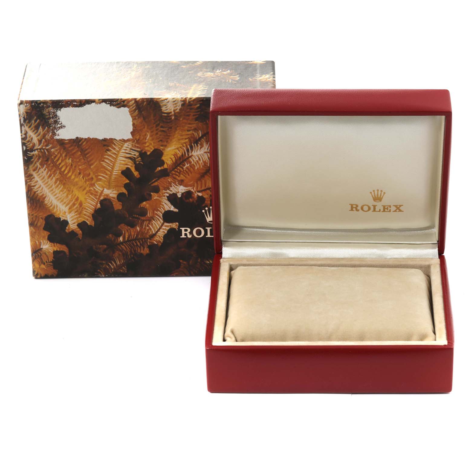 The image shows a Rolex President 69138 Women
s Yellow Gold Champagne Dial 69138 Women
s Yellow Gold Champagne Dial model watch box and its outer packaging, photographed from the front.