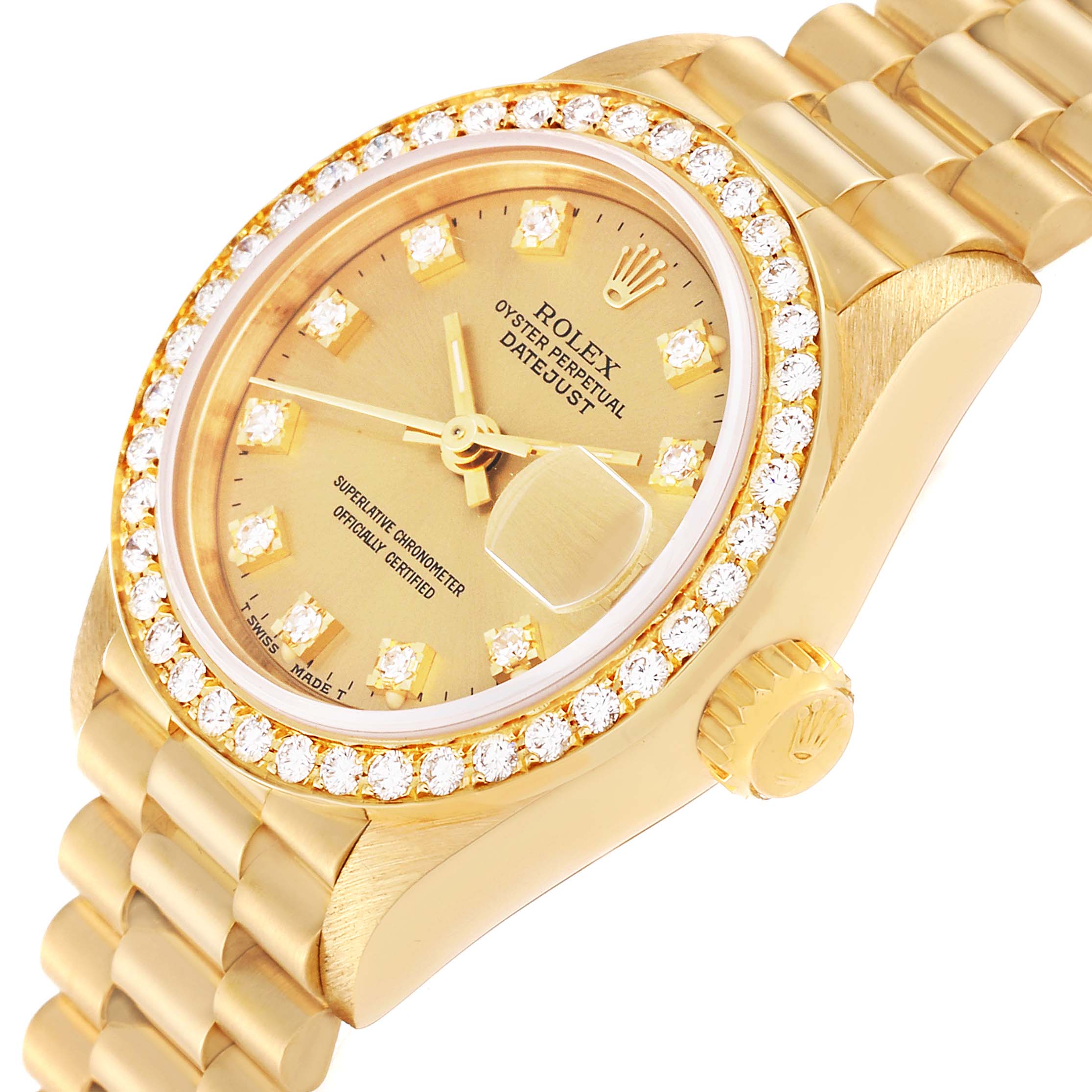 The image shows a close-up angle of a Rolex President 69138 Women
s Yellow Gold Champagne Dial 69138 Women
s Yellow Gold Champagne Dial model watch, featuring its dial, bezel, crown, and part of the bracelet.