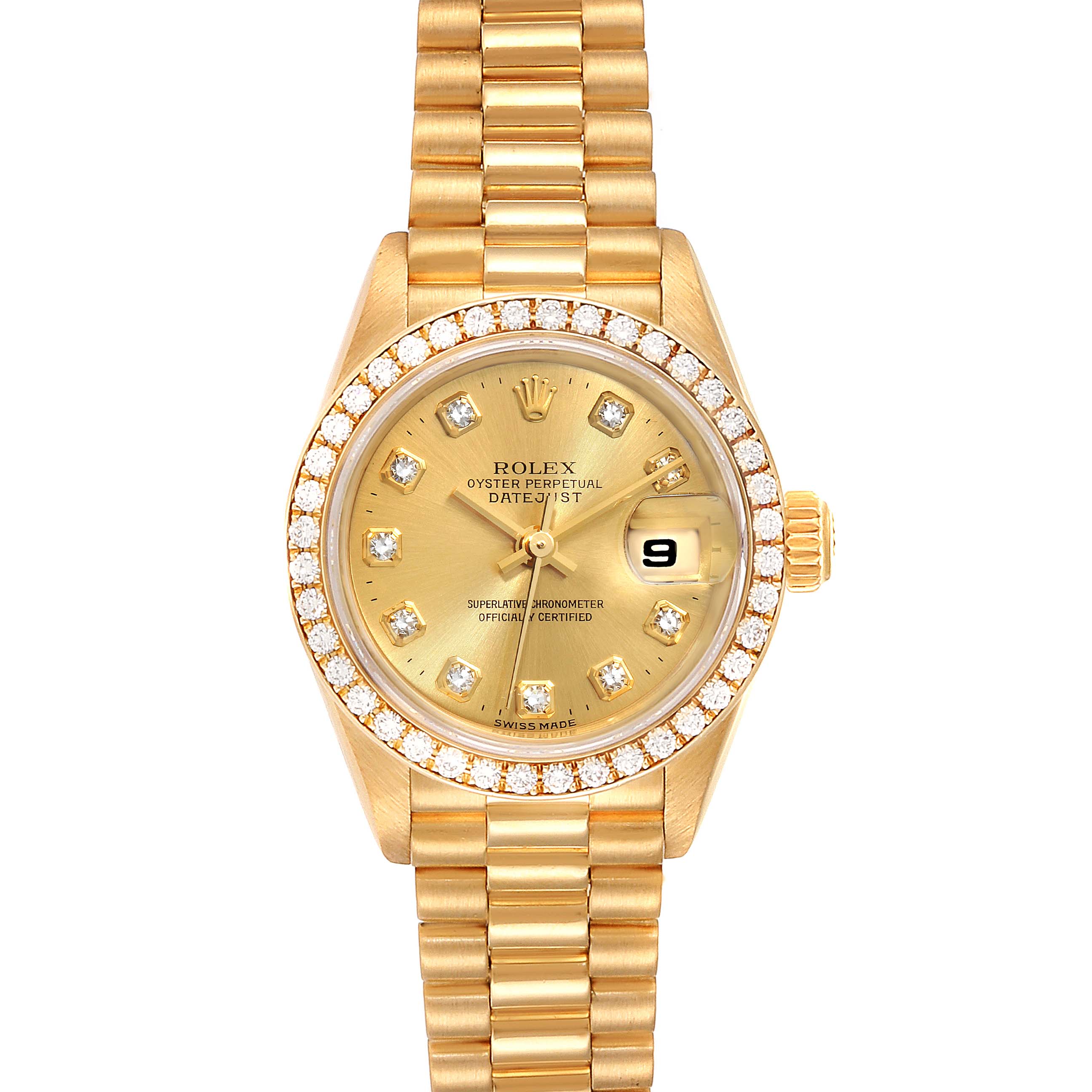 The image shows a front view of a gold Rolex President 79138 Women
s Yellow Gold Champagne Dial 79138 Women
s Yellow Gold Champagne Dial model watch with a diamond bezel and a date display.
