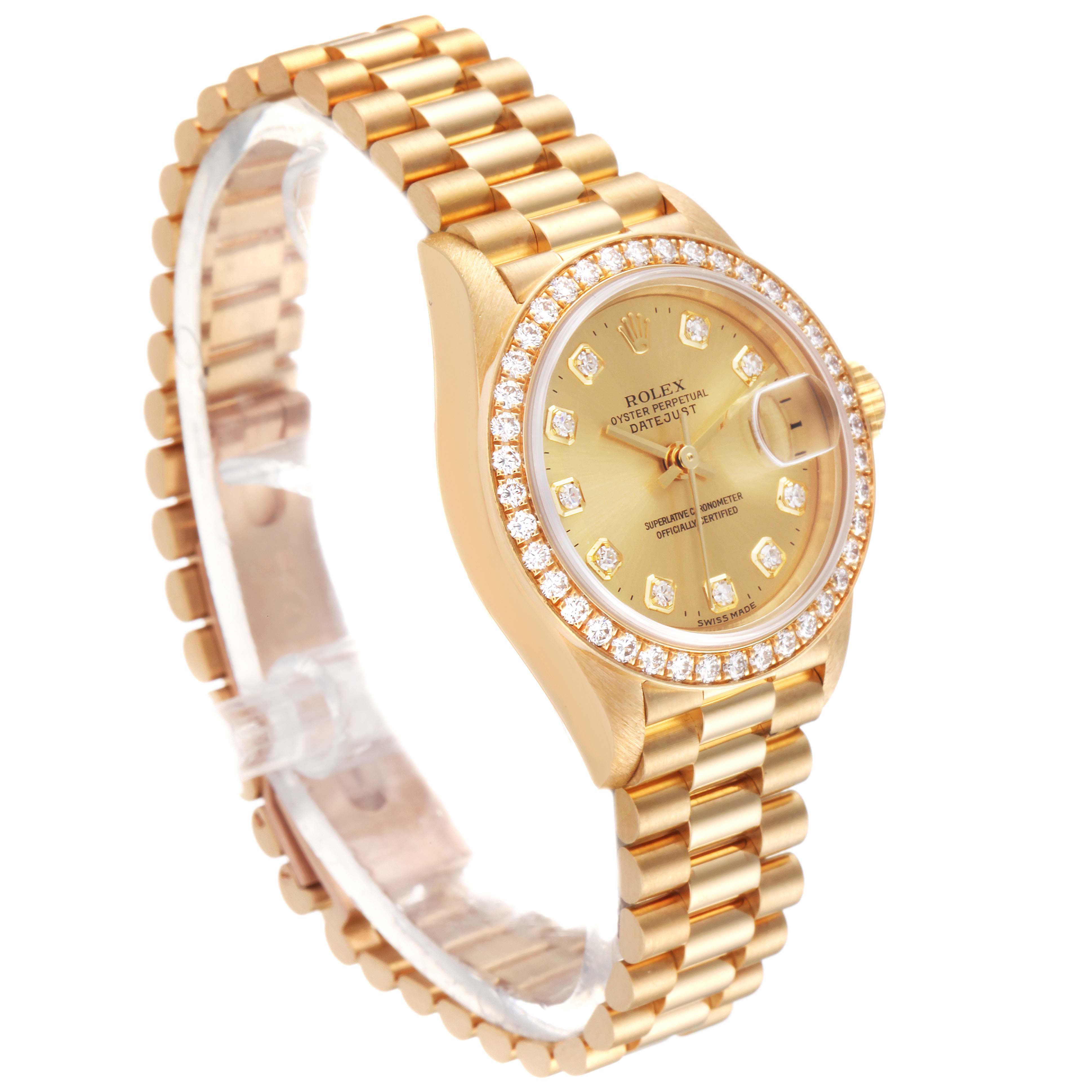 The image shows a Rolex President 79138 Women
s Yellow Gold Champagne Dial 79138 Women
s Yellow Gold Champagne Dial watch at a three-quarter angle, displaying the face, bezel, crown, and part of the bracelet.