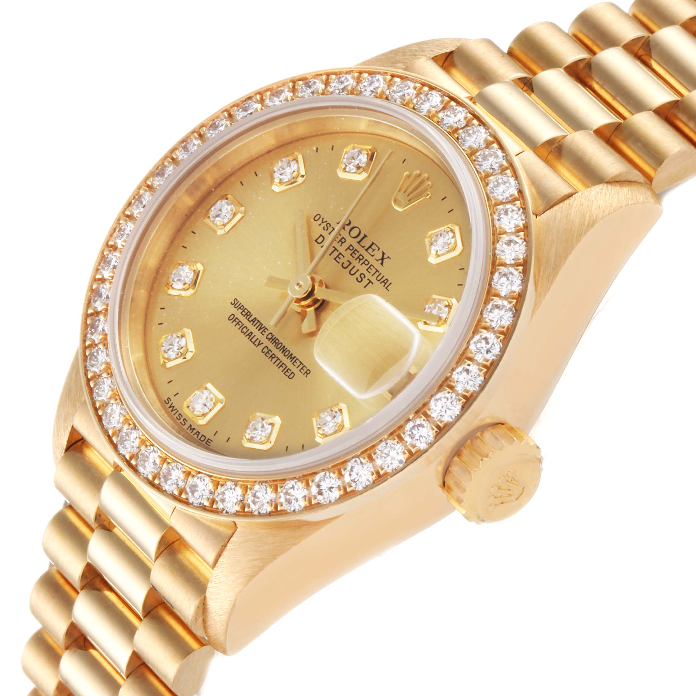 This image shows a close-up angle of a Rolex President 79138 Women
s Yellow Gold Champagne Dial 79138 Women
s Yellow Gold Champagne Dial watch, highlighting its gold case, diamond bezel, dial, and bracelet.