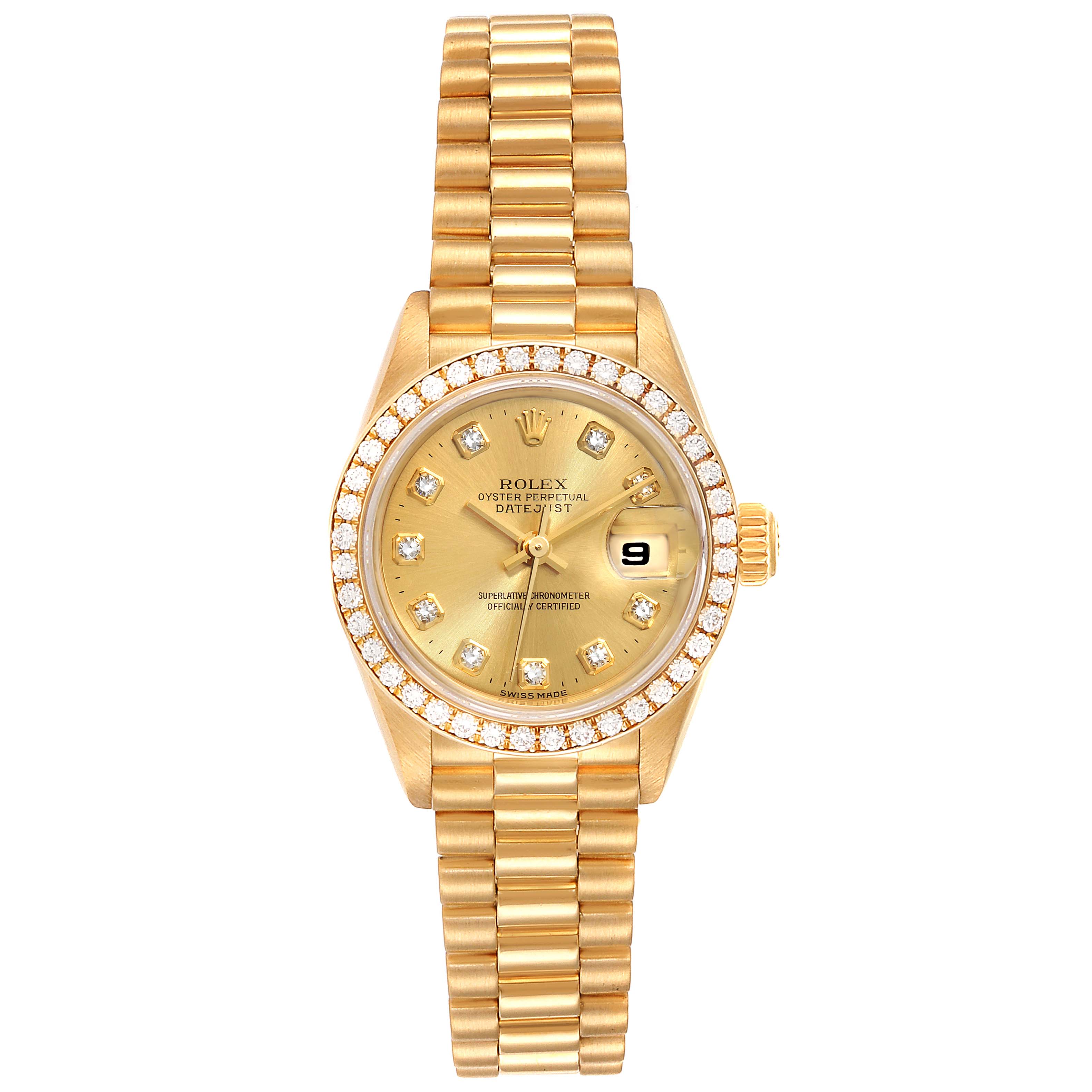 The image shows a front view of the Rolex President 79138 Women
s Yellow Gold Champagne Dial 79138 Women
s Yellow Gold Champagne Dial model watch, including its gold band, diamond bezel, and dial with a date display.