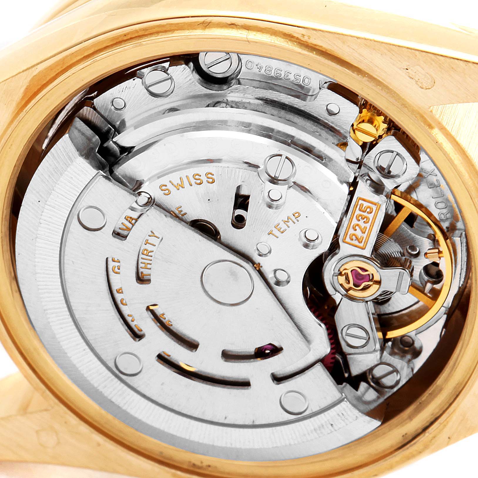 The image shows the inner mechanical movement of the Rolex President 79138 Women
s Yellow Gold Champagne Dial 79138 Women
s Yellow Gold Champagne Dial model watch, viewed from the back.