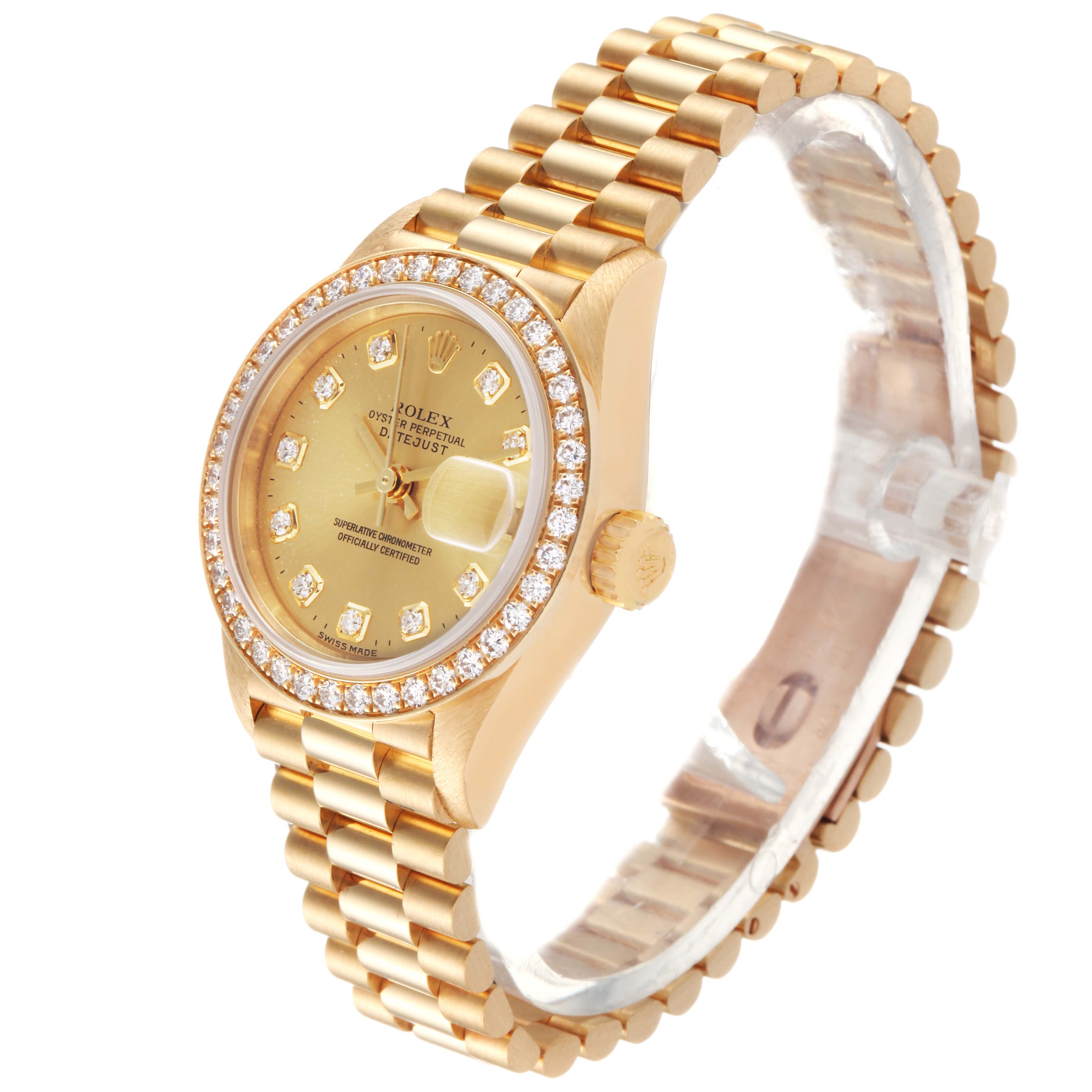 The Rolex President 79138 Women
s Yellow Gold Champagne Dial 79138 Women
s Yellow Gold Champagne Dial model watch is shown at an oblique angle, displaying the watch face, bezel, crown, and bracelet.