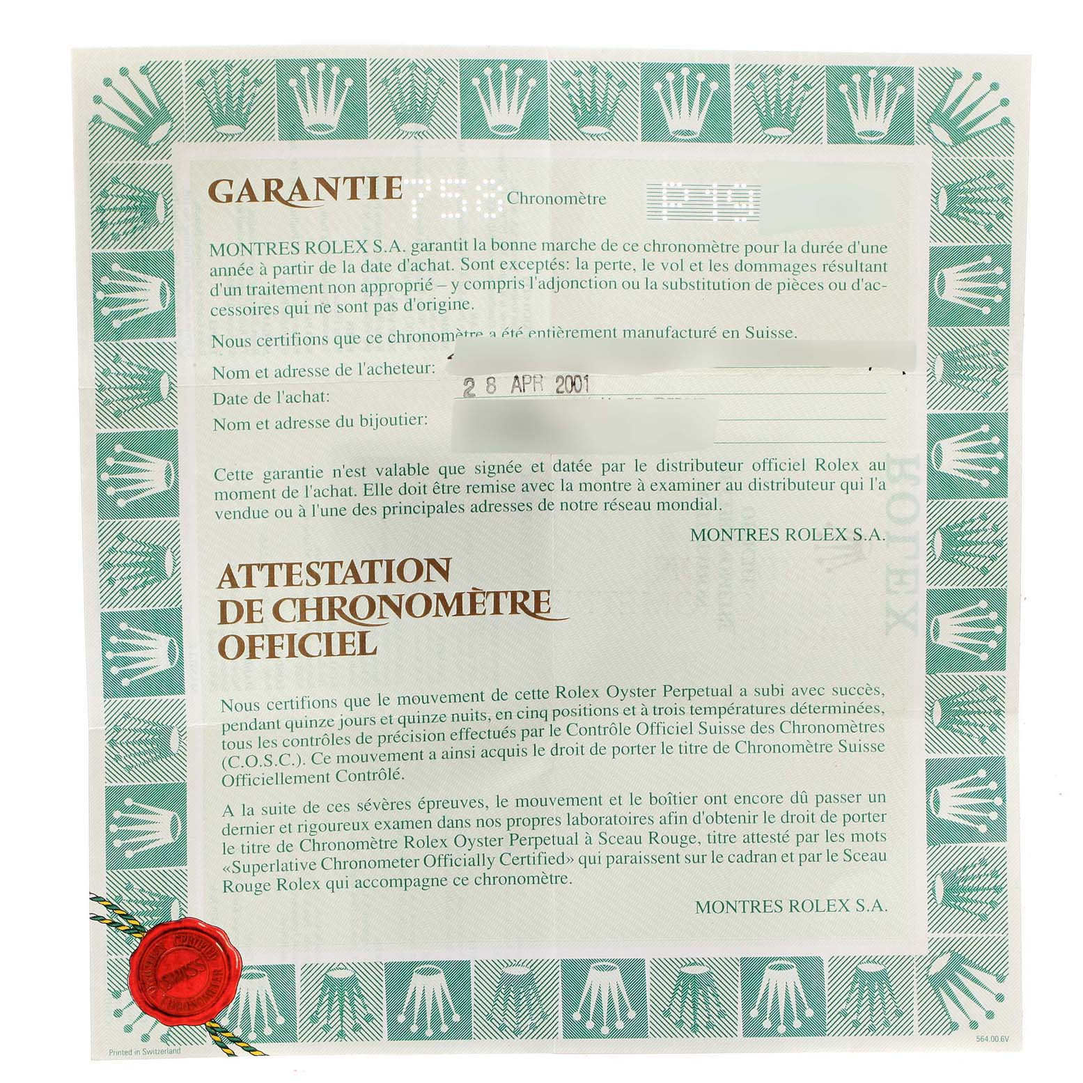 This image shows a warranty certificate for a Rolex President 79138 Women
s Yellow Gold Champagne Dial 79138 Women
s Yellow Gold Champagne Dial model watch.