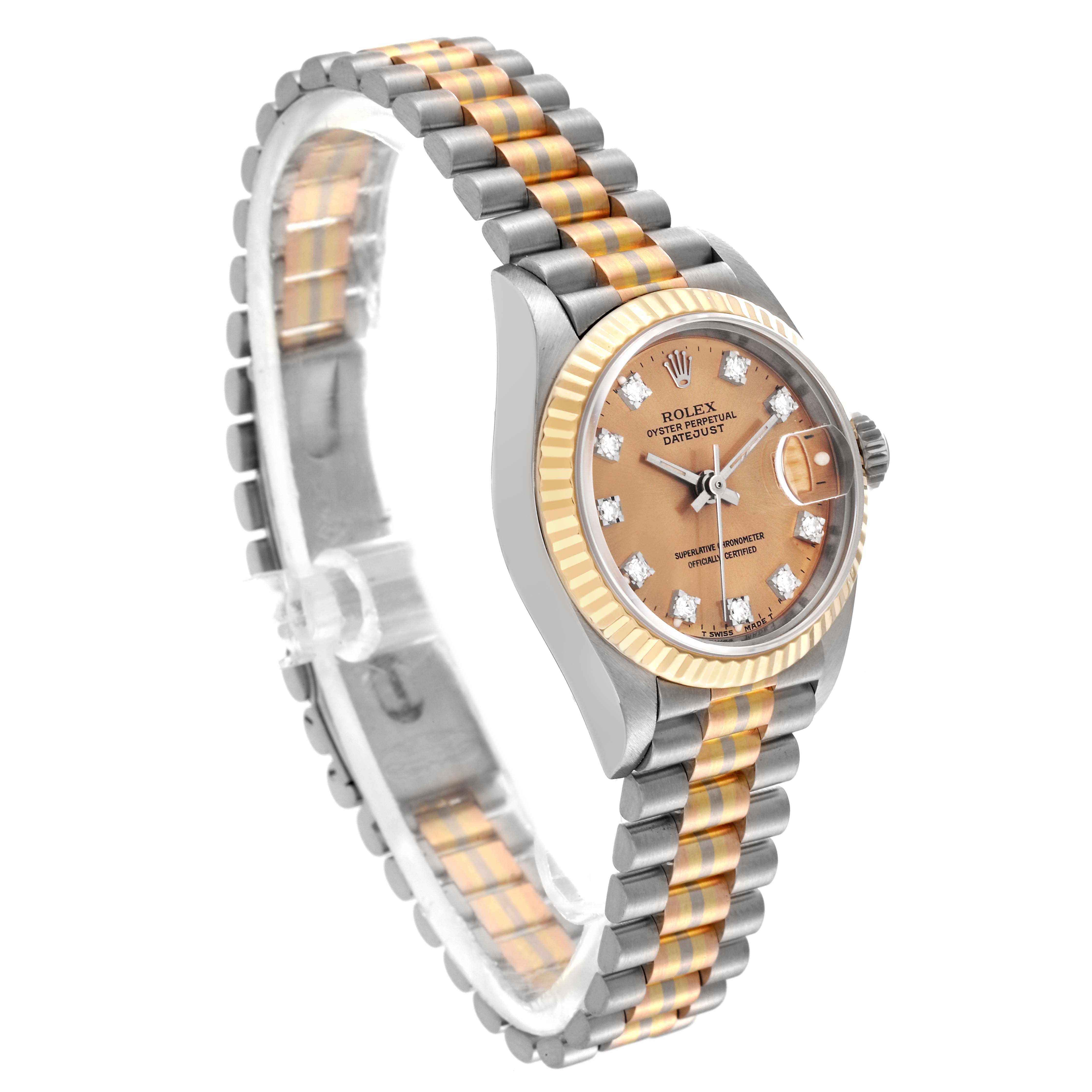 The image shows a Rolex President 69179 Women's White Gold Champagne Dial 69179 Women's White Gold Champagne Dial watch from an angled side view, highlighting its face, bezel, and bracelet.