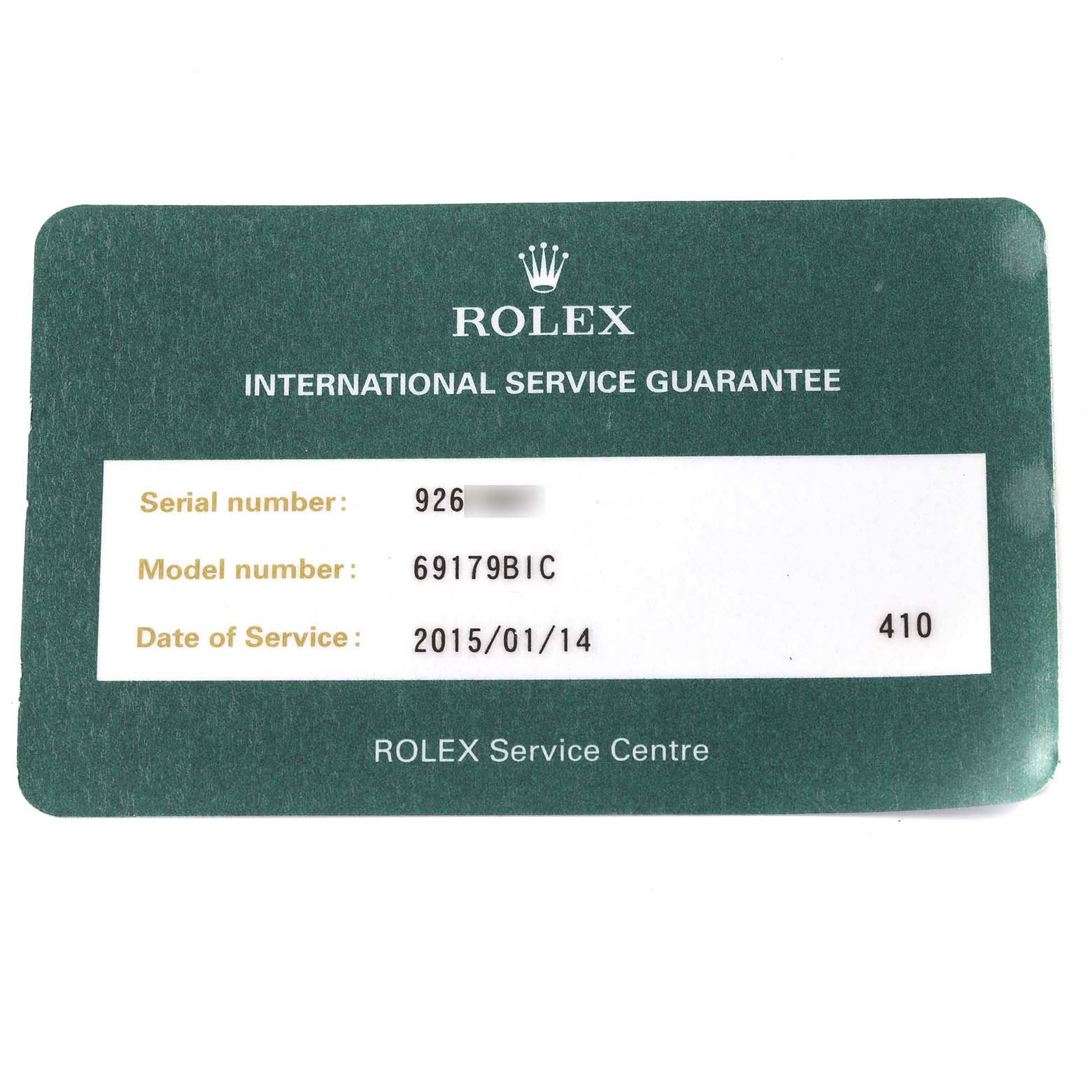 This image shows a Rolex International Service Guarantee card for the President model by Rolex, displaying serial and model numbers and service date.