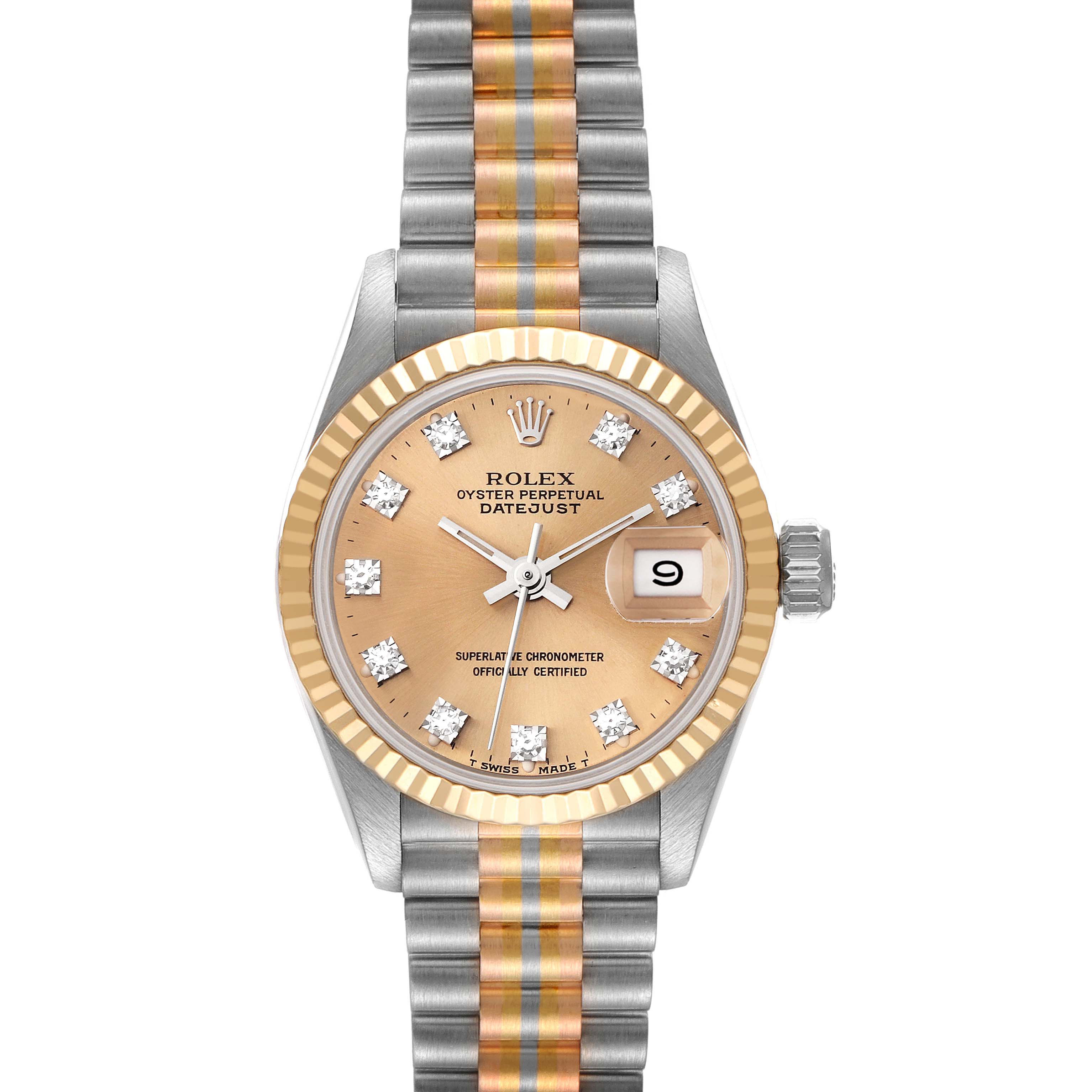 This Rolex President 69179 Women's White Gold Champagne Dial 69179 Women's White Gold Champagne Dial model watch is shown from a front angle, displaying its face, bezel, and part of the bracelet.