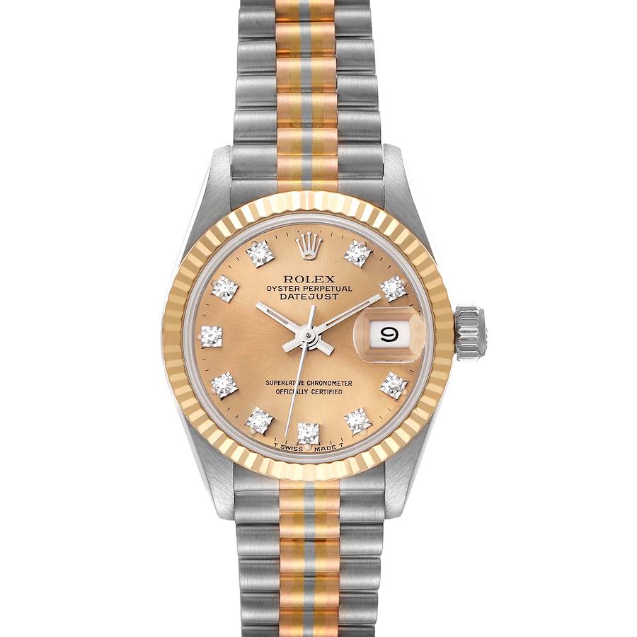 This Rolex President model watch is shown from a front angle, displaying its face, bezel, and part of the bracelet.