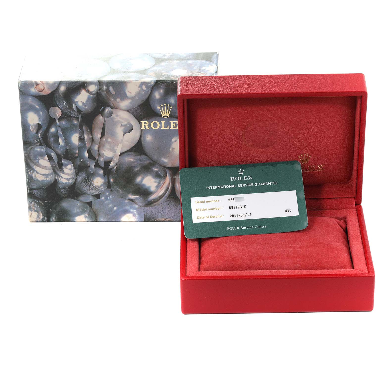 The image shows a red Rolex President 69179 Women's White Gold Champagne Dial 69179 Women's White Gold Champagne Dial model watch box and a service guarantee card, with the outer packaging visible in the background.