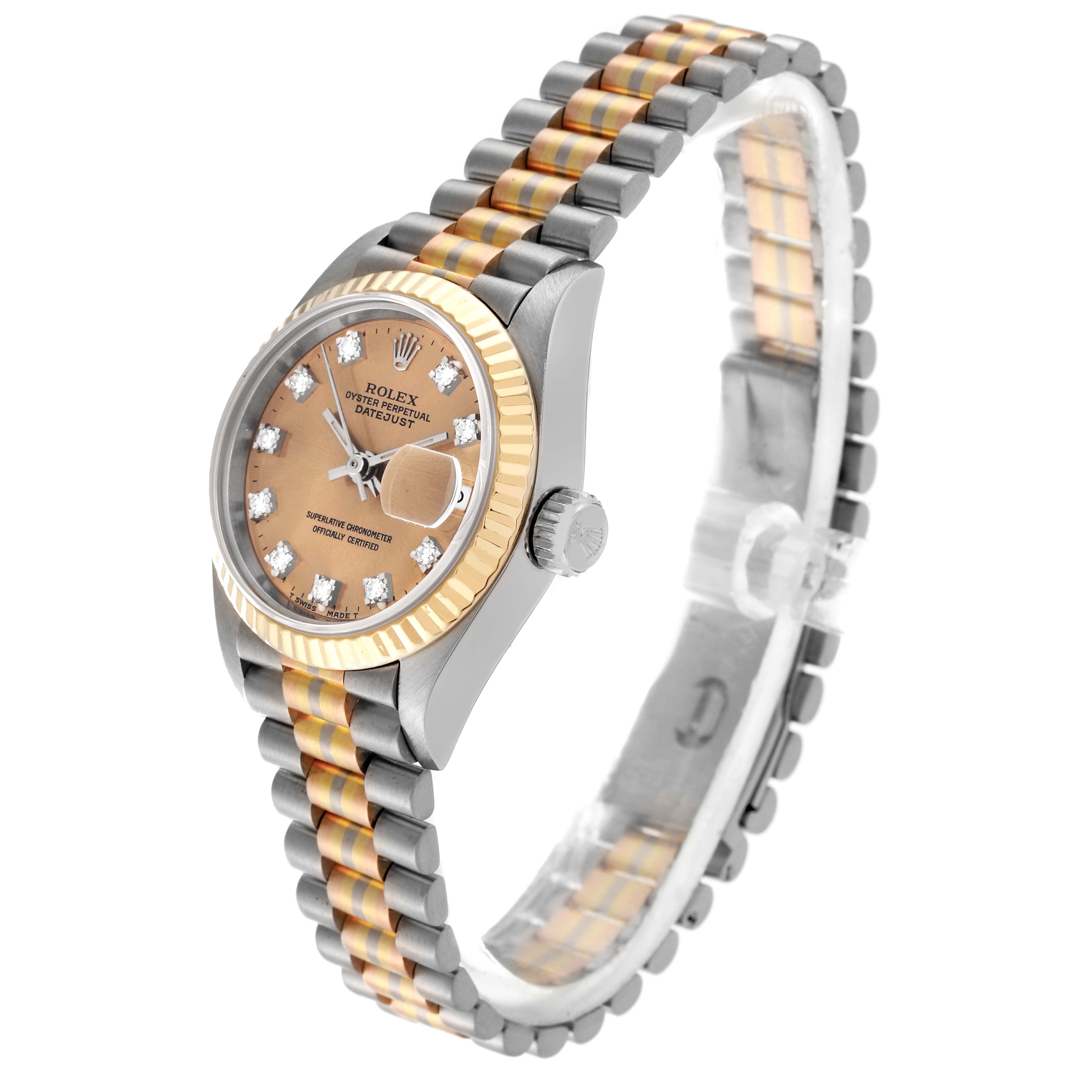 The image shows the Rolex President 69179 Women's White Gold Champagne Dial 69179 Women's White Gold Champagne Dial model watch at a slightly tilted angle, highlighting its face, bezel, and two-tone bracelet.