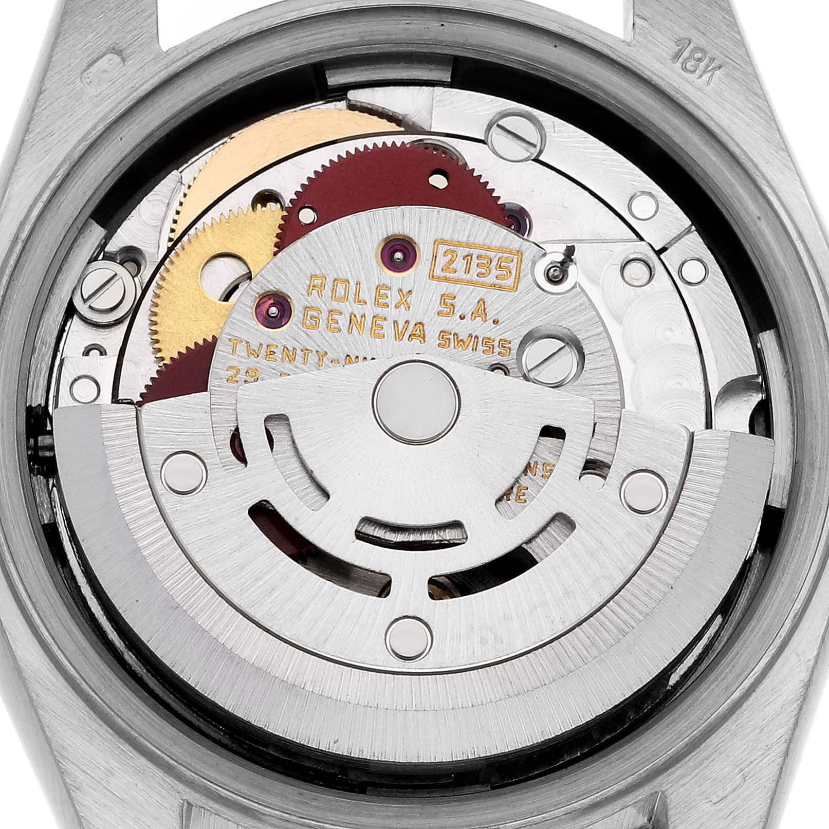 This image shows the intricate movement parts and inner mechanics of a Rolex President 69179 Women's White Gold Champagne Dial 69179 Women's White Gold Champagne Dial watch from a back angle.