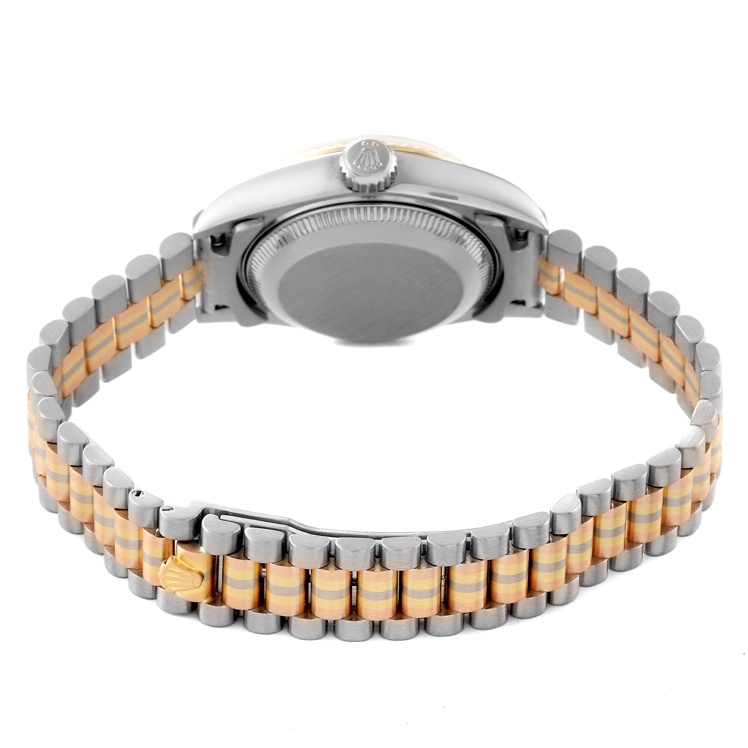 The image shows the back view of the watch case and the bracelet for the Rolex President 69179 Women's White Gold Champagne Dial 69179 Women's White Gold Champagne Dial model.