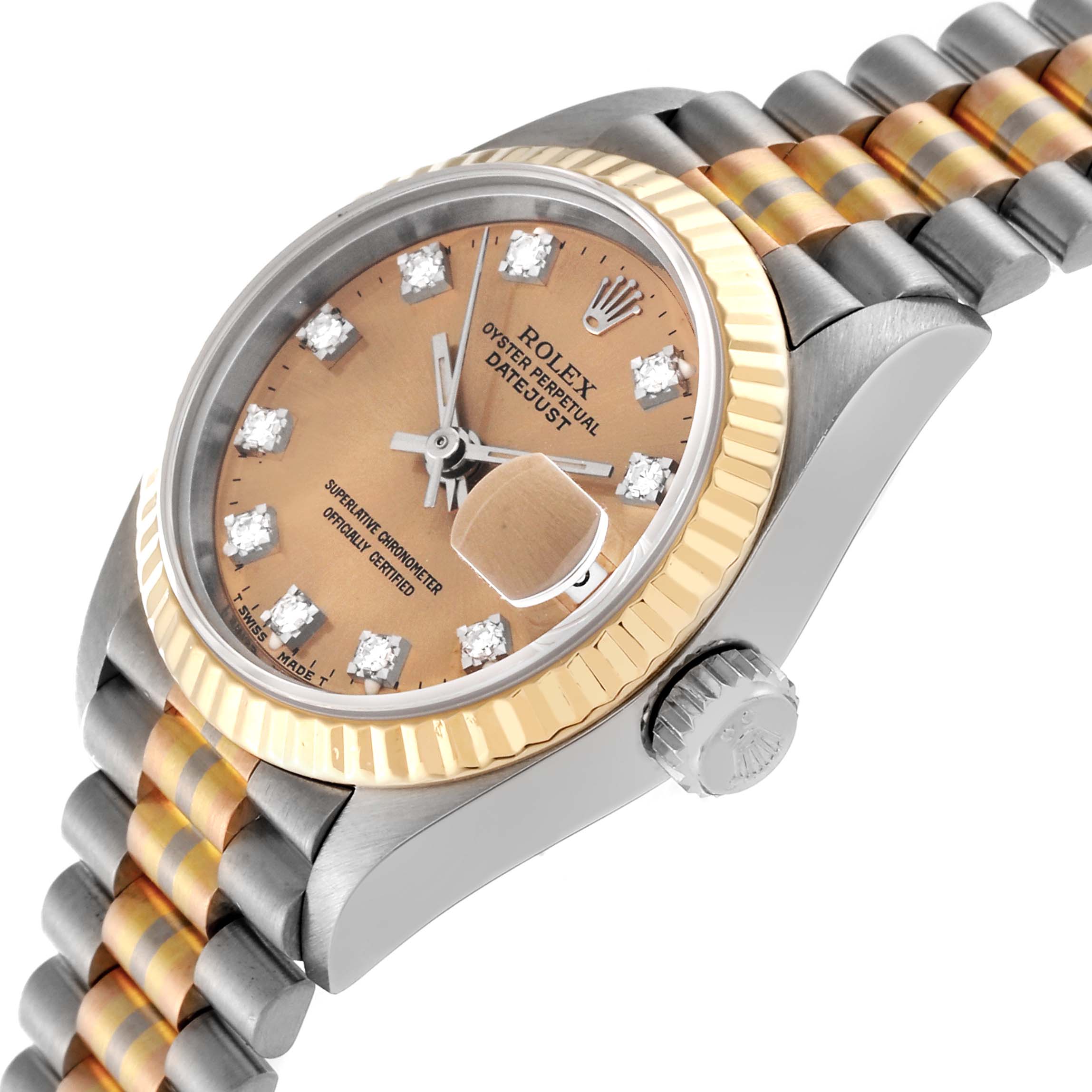 The Rolex President 69179 Women's White Gold Champagne Dial 69179 Women's White Gold Champagne Dial model watch is shown from a slightly angled side view displaying its face, bezel, and part of the bracelet.