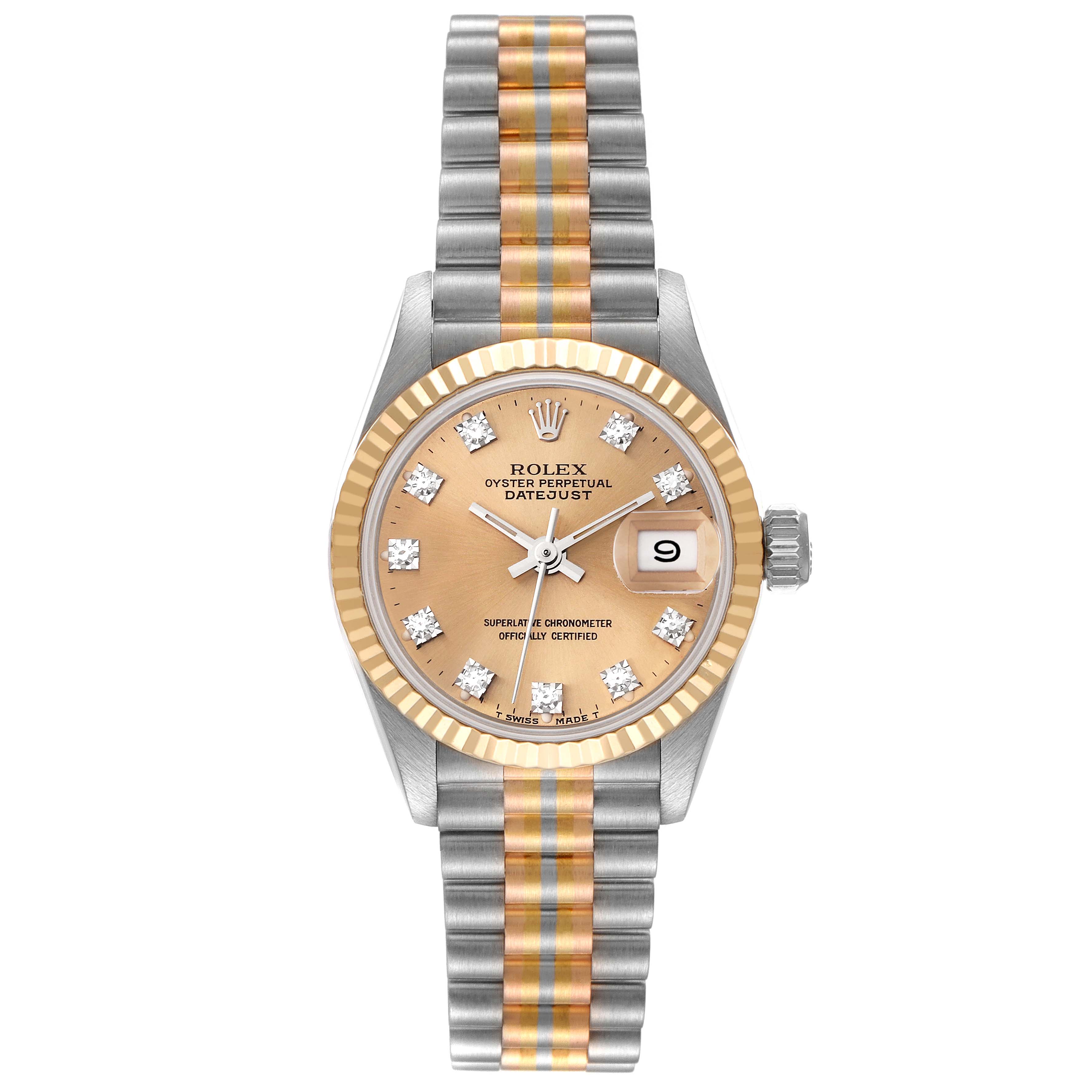 The Rolex President 69179 Women's White Gold Champagne Dial 69179 Women's White Gold Champagne Dial model is shown in a top-down view, highlighting the two-tone bracelet, fluted bezel, and champagne dial with diamond indices.