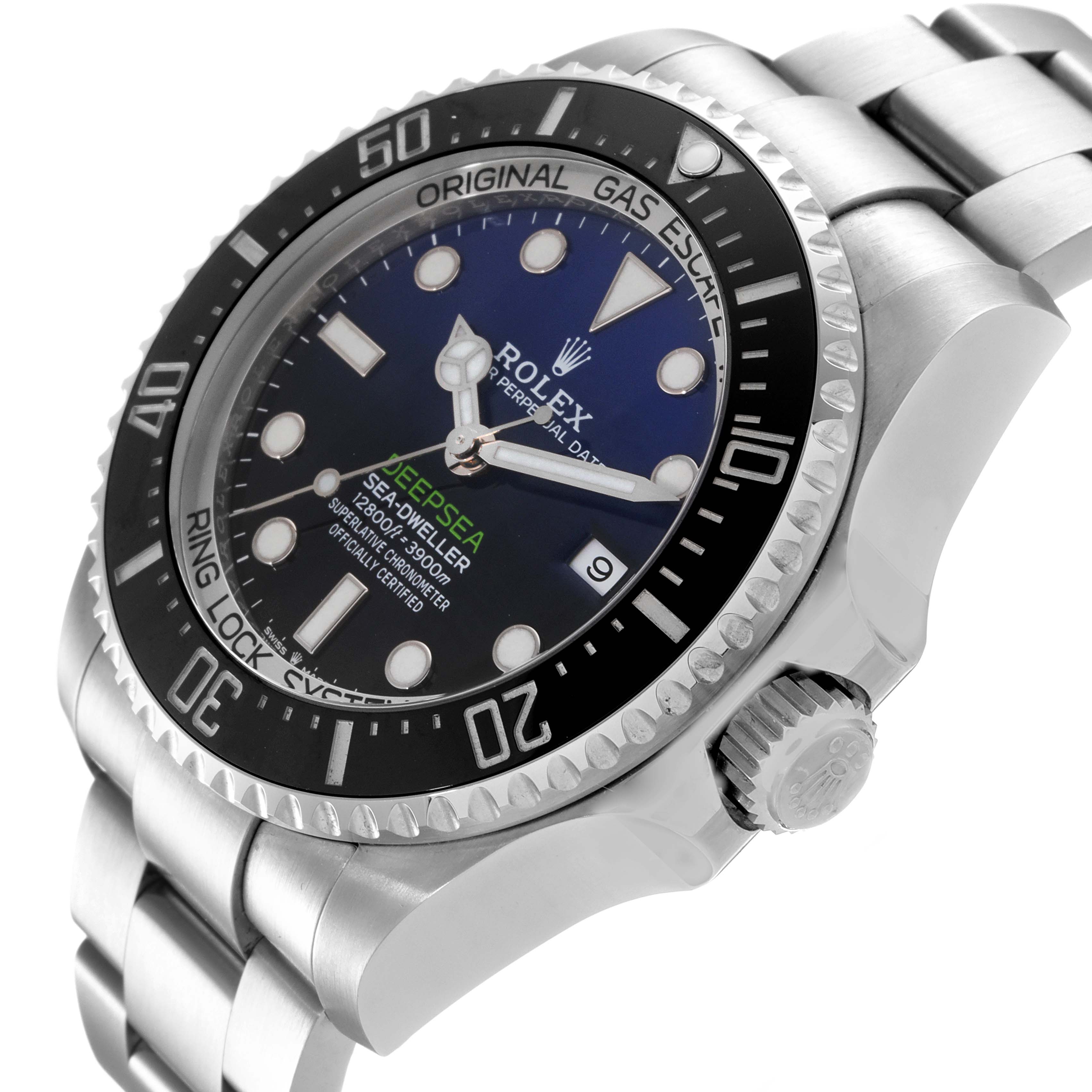 The image shows a side view of the Rolex Sea-Dweller 126660 Men
s Stainless Steel Blue Dial 126660 Men
s Stainless Steel Blue Dial watch, highlighting its bezel, dial, crown, and bracelet.