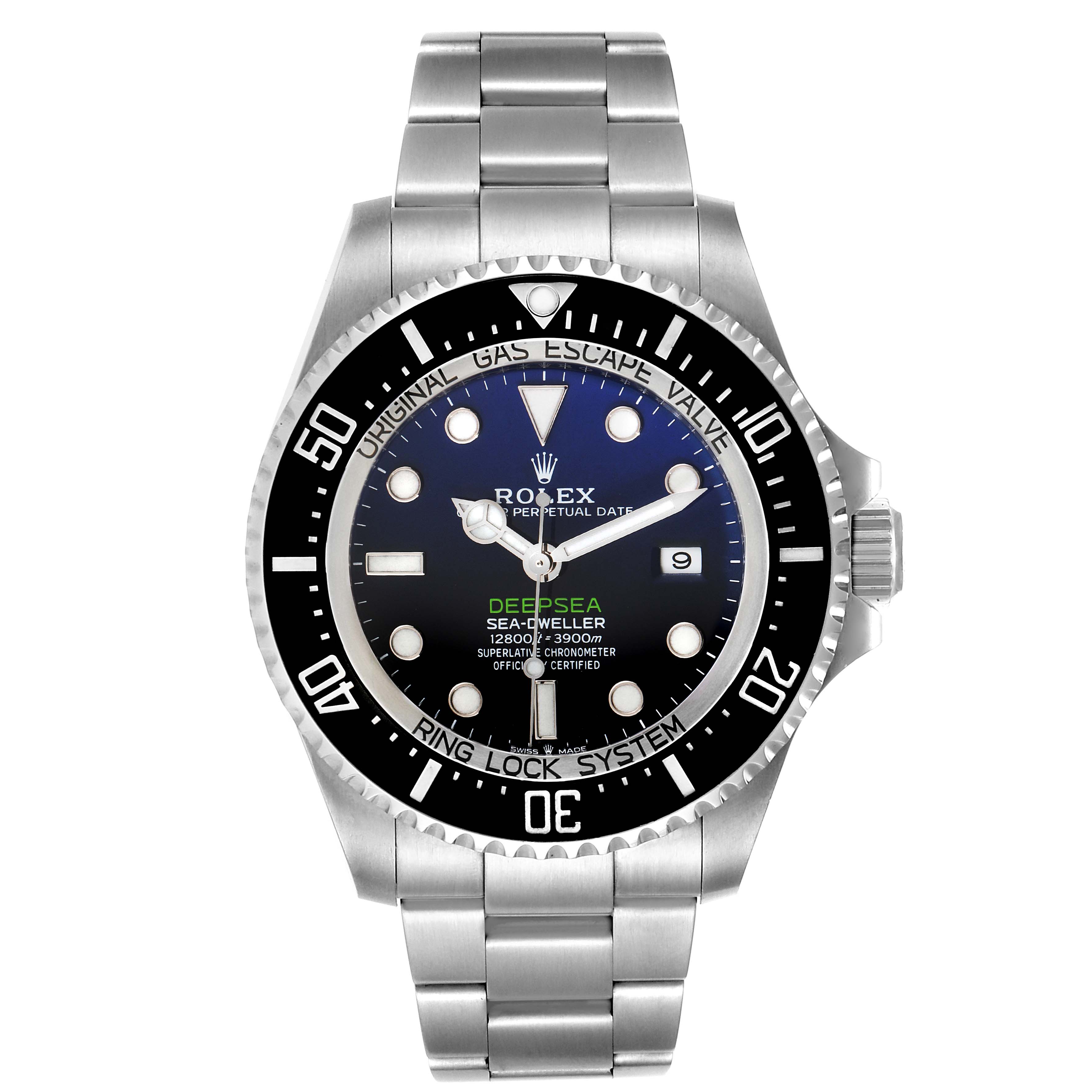 The image shows a front view of the Rolex Sea-Dweller 126660 Men
s Stainless Steel Blue Dial 126660 Men
s Stainless Steel Blue Dial Deepsea watch, highlighting the dial, bezel, case, and bracelet.