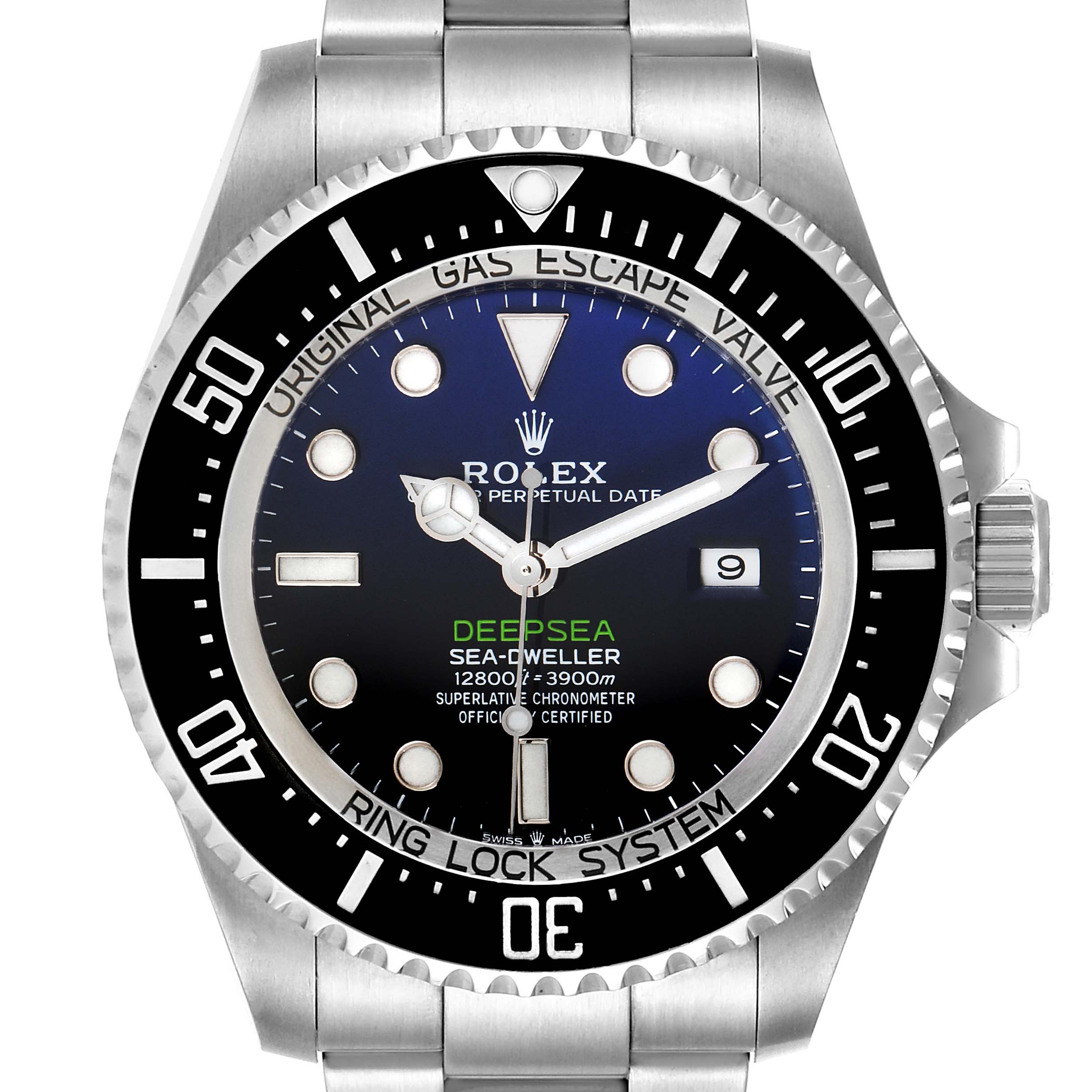 The image shows a front view of the Rolex Sea-Dweller 126660 Men
s Stainless Steel Blue Dial 126660 Men
s Stainless Steel Blue Dial Deepsea watch, highlighting its face, bezel, and bracelet.