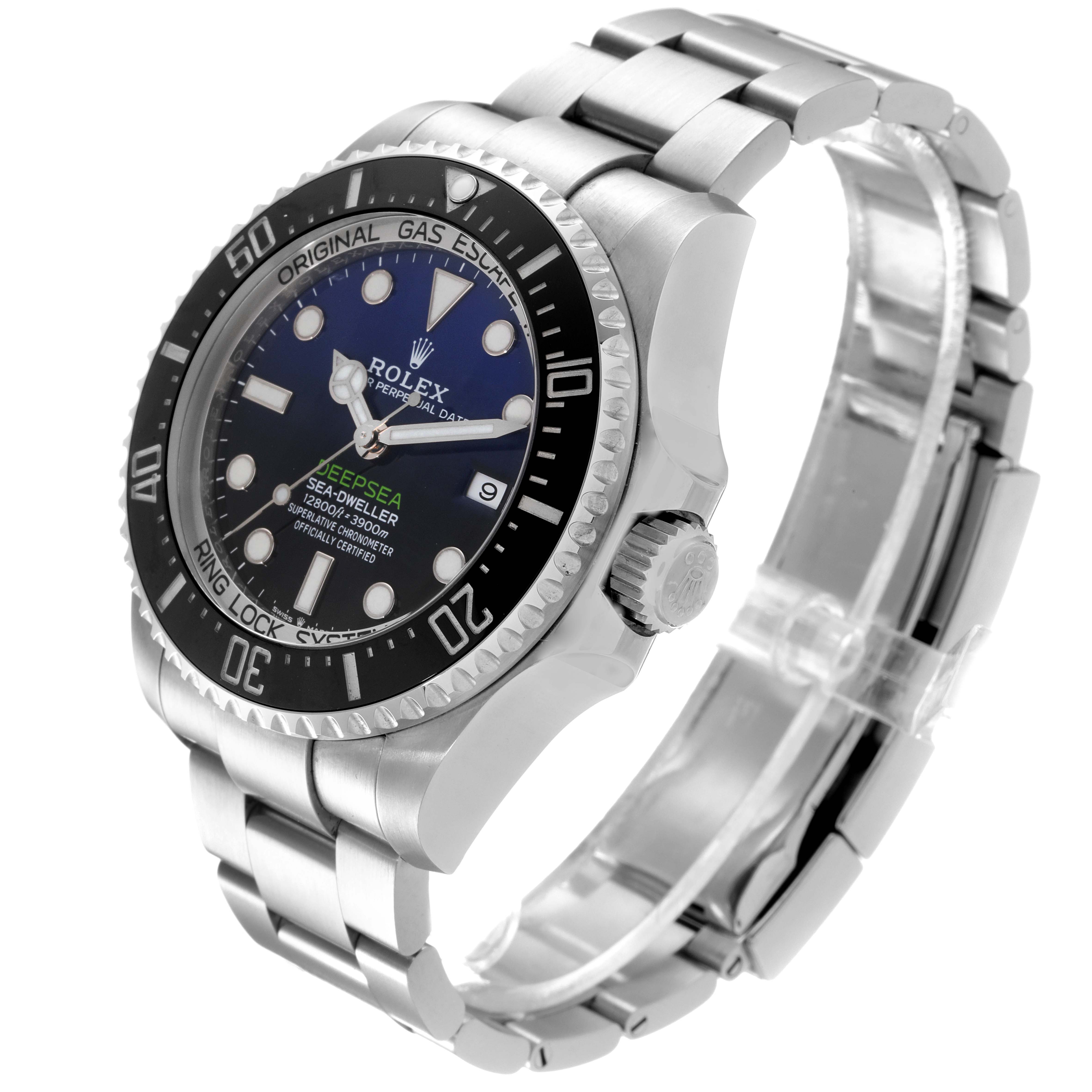 This image shows a side-angle view of the Rolex Sea-Dweller 126660 Men
s Stainless Steel Blue Dial 126660 Men
s Stainless Steel Blue Dial watch, displaying the face, bezel, crown, and bracelet.