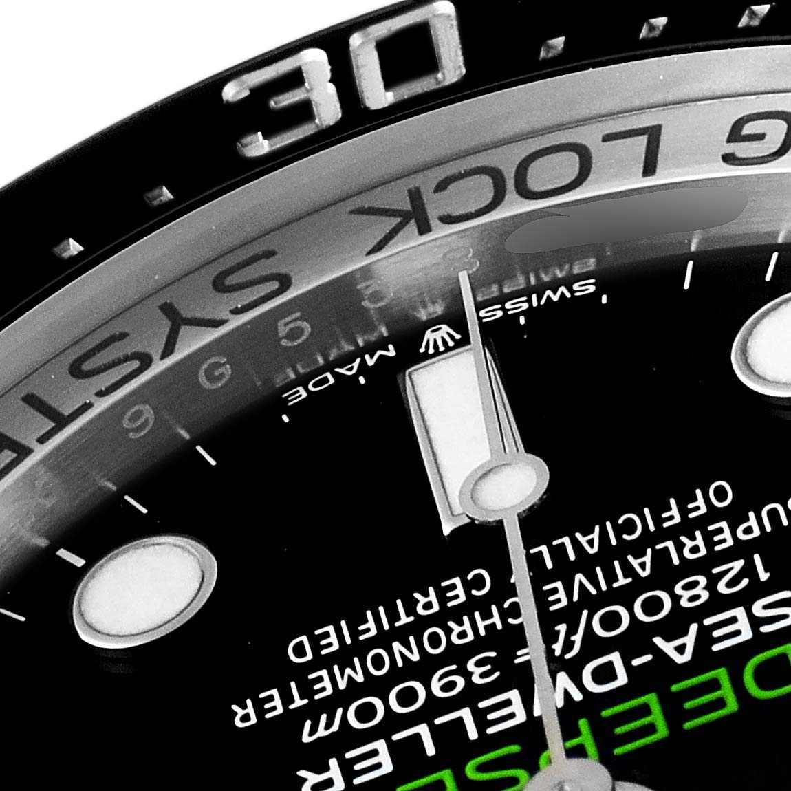 The image shows a close-up of the dial and bezel of a Rolex Sea-Dweller 126660 Men
s Stainless Steel Blue Dial 126660 Men
s Stainless Steel Blue Dial watch, highlighting the "30" marker and text details.