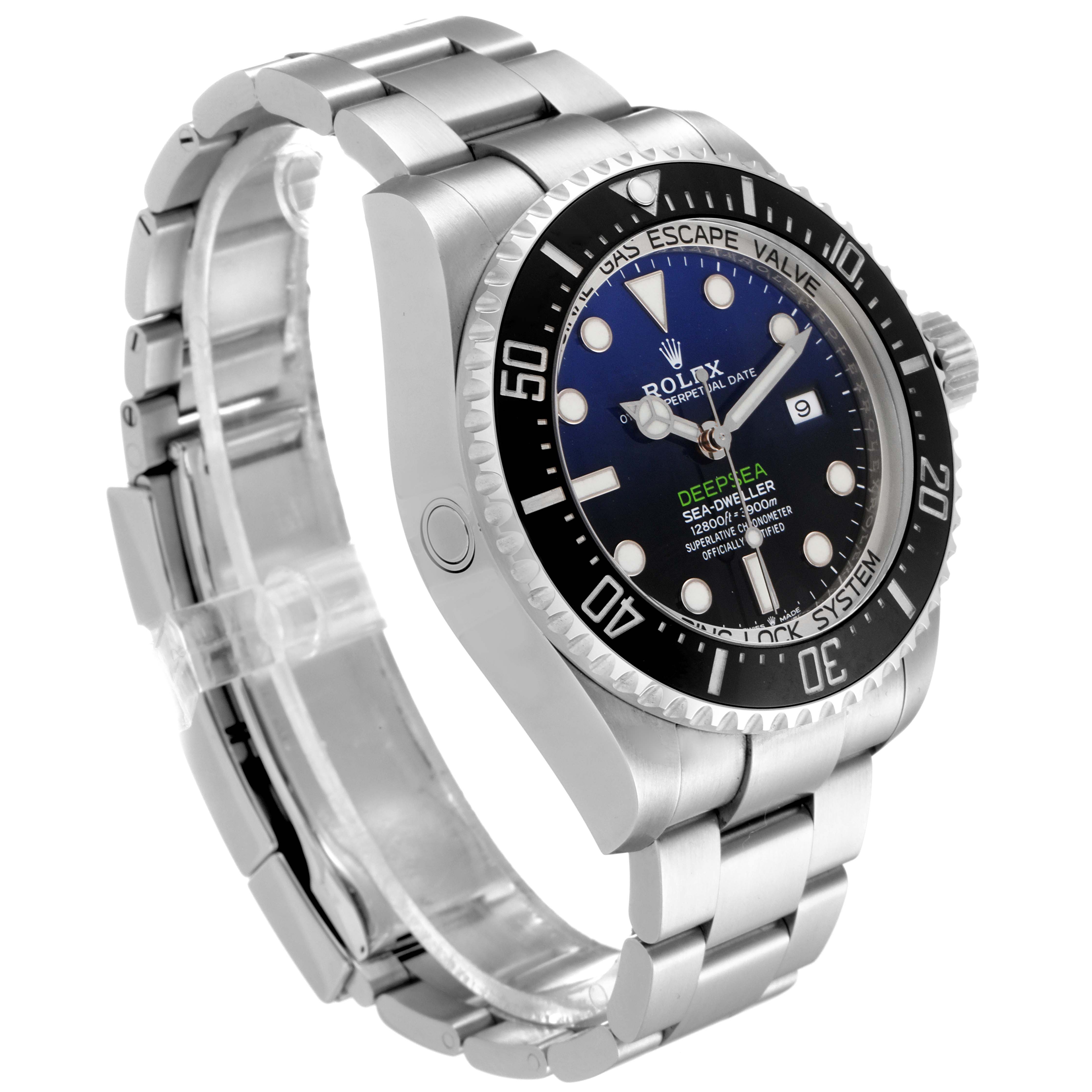 The image shows a side angle of the Rolex Sea-Dweller 126660 Men
s Stainless Steel Blue Dial 126660 Men
s Stainless Steel Blue Dial watch, highlighting the bezel, dial, and bracelet.
