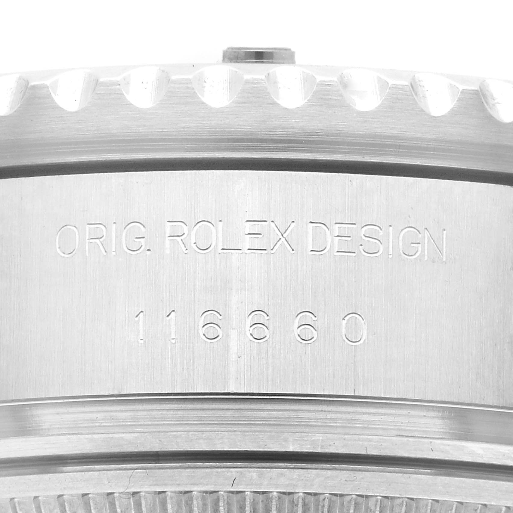 This close-up image shows the side of a Rolex Sea-Dweller 116660 Men
s Stainless Steel Black Dial 116660 Men
s Stainless Steel Black Dial model, highlighting its engraved design and model number 116660.