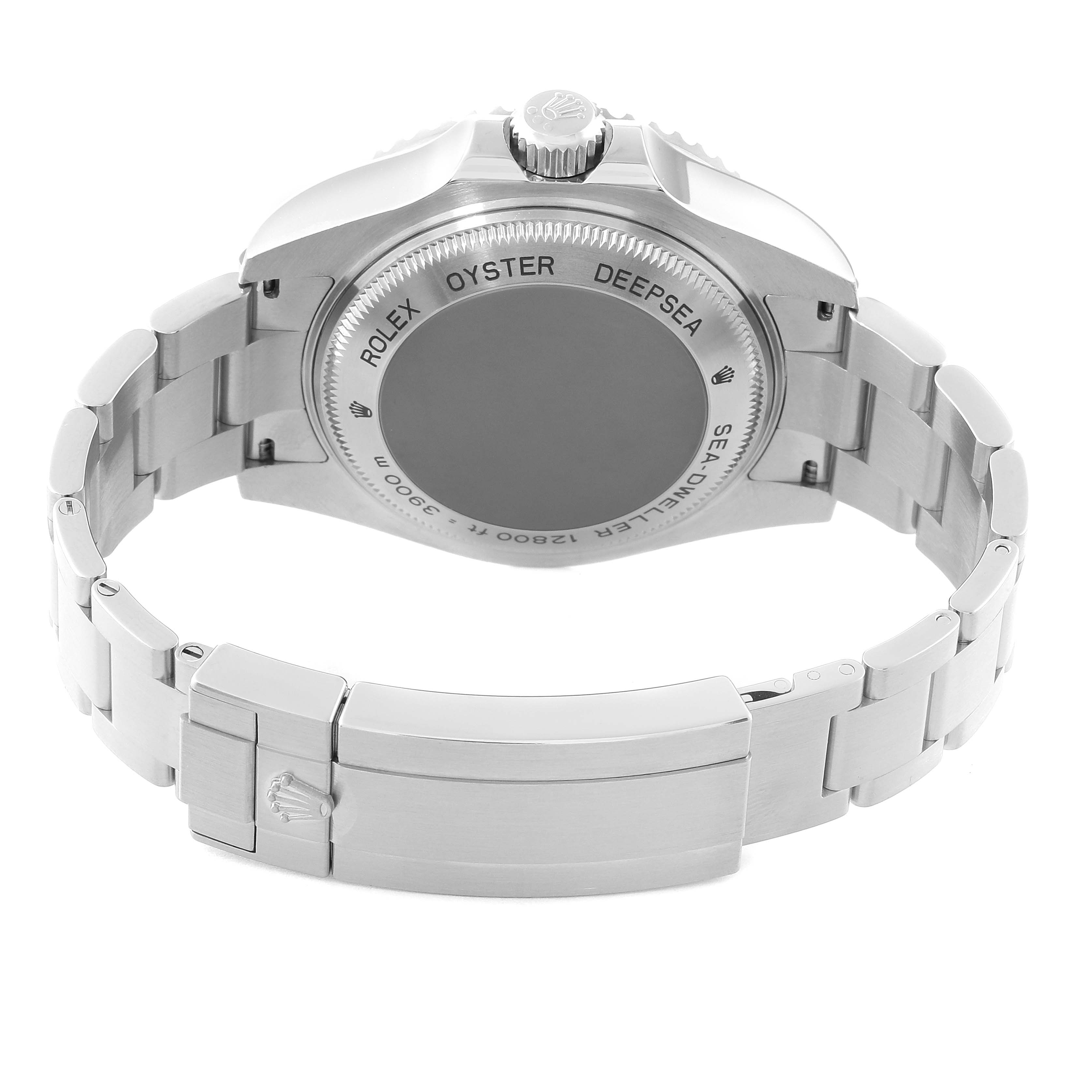 The image shows the back of the Rolex Sea-Dweller 116660 Men
s Stainless Steel Black Dial 116660 Men
s Stainless Steel Black Dial watch, highlighting the case back, bracelet, and clasp.