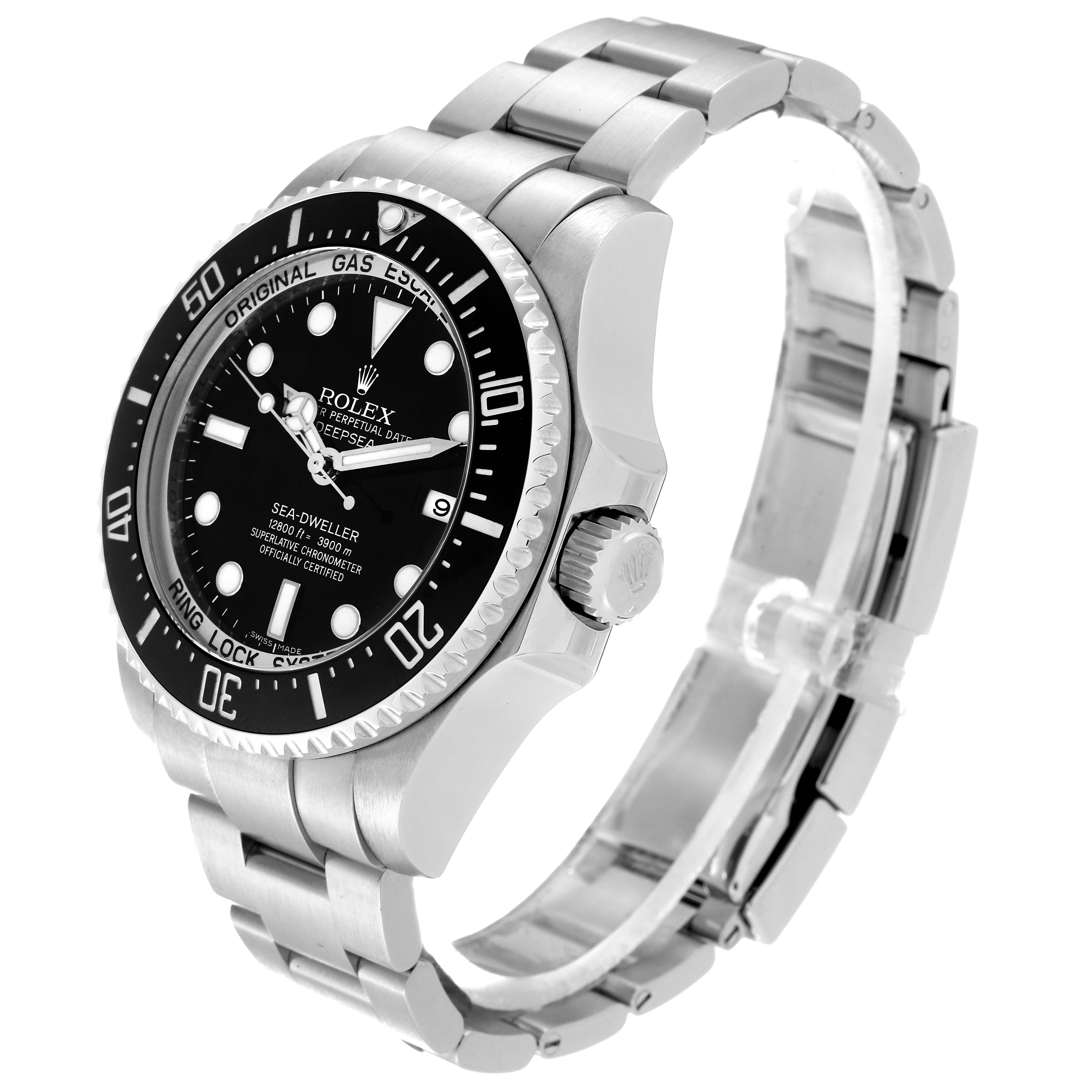 The image shows a side view angle of the Rolex Sea-Dweller 116660 Men
s Stainless Steel Black Dial 116660 Men
s Stainless Steel Black Dial watch, featuring its bezel, dial, crown, and bracelet.