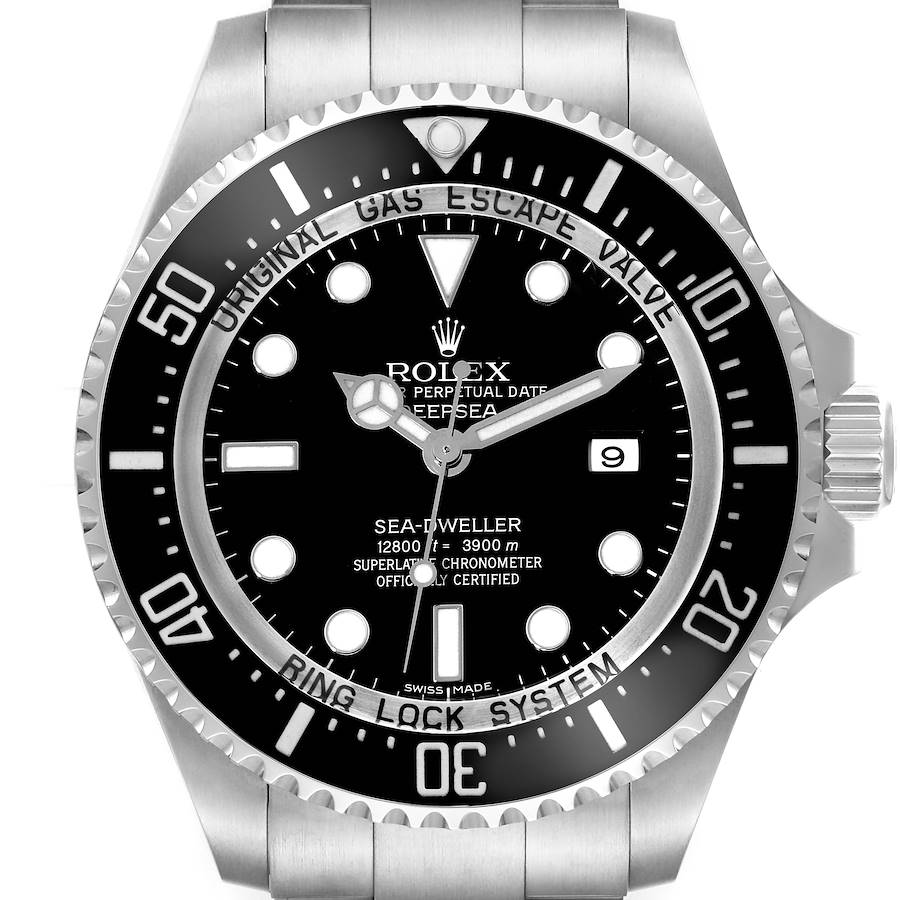 The image shows a front view of a Rolex Sea-Dweller watch, highlighting its face, bezel, and part of the bracelet.