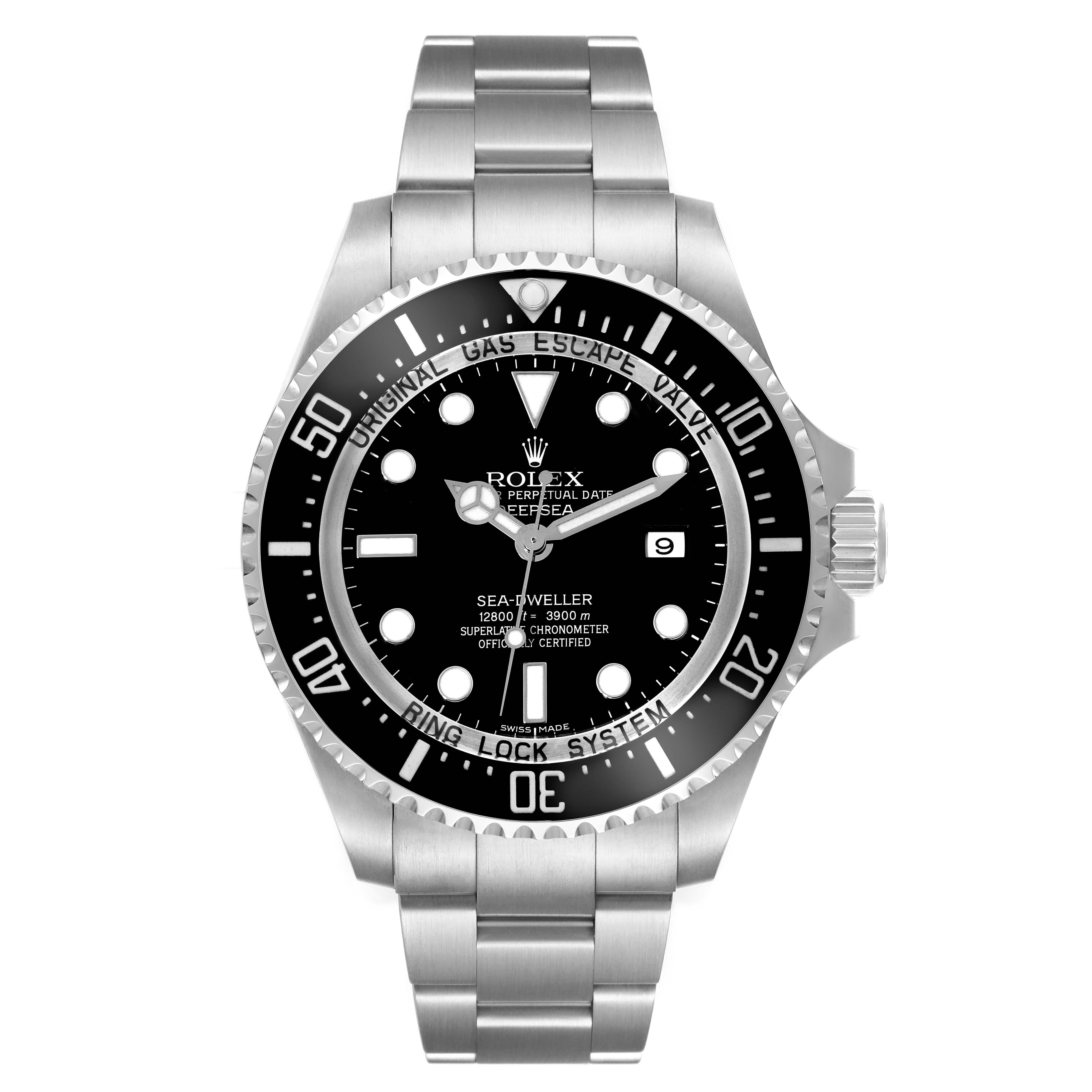 This image shows a front angle view of a Rolex Sea-Dweller 116660 Men
s Stainless Steel Black Dial 116660 Men
s Stainless Steel Black Dial watch displaying the dial, bezel, and metal bracelet.
