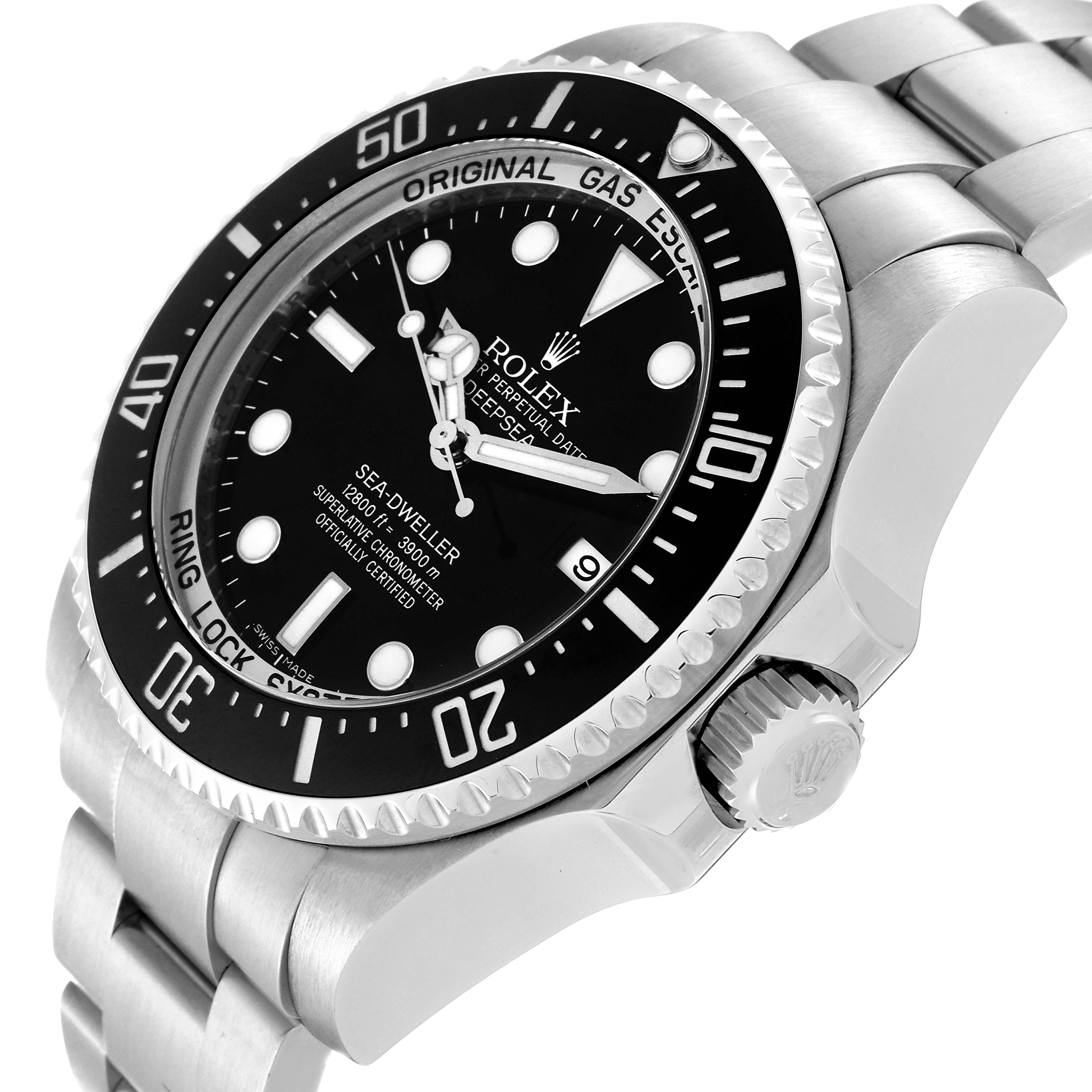 The Rolex Sea-Dweller 116660 Men
s Stainless Steel Black Dial 116660 Men
s Stainless Steel Black Dial watch is shown from an angled side view, highlighting the bezel, dial, crown, and bracelet.