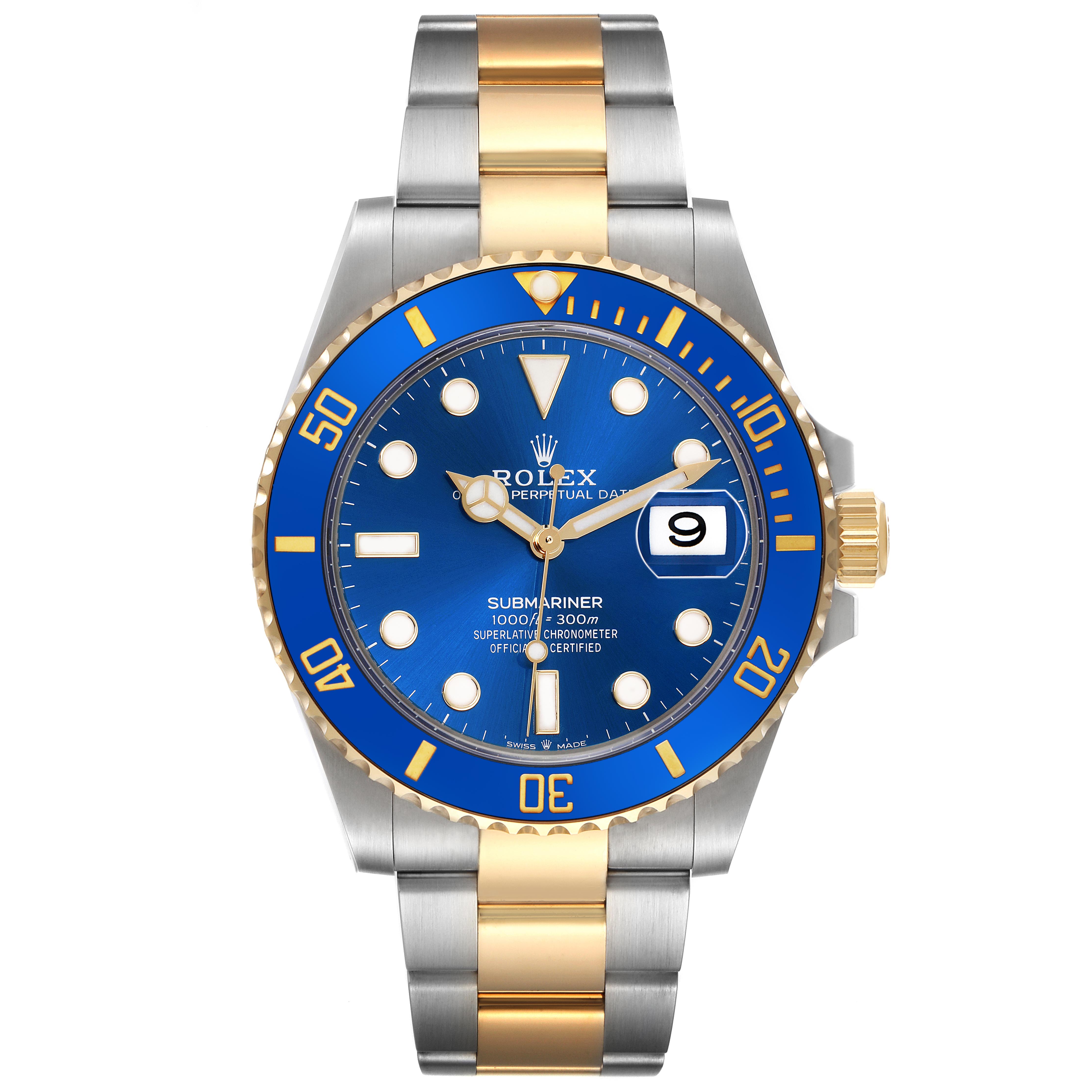 The Rolex Submariner 126613LB Men's Steel and Gold (two tone) Blue Dial 126613LB Men's Steel and Gold (two tone) Blue Dial model is shown in a front view, highlighting its blue dial, gold bezel, and two-tone bracelet.