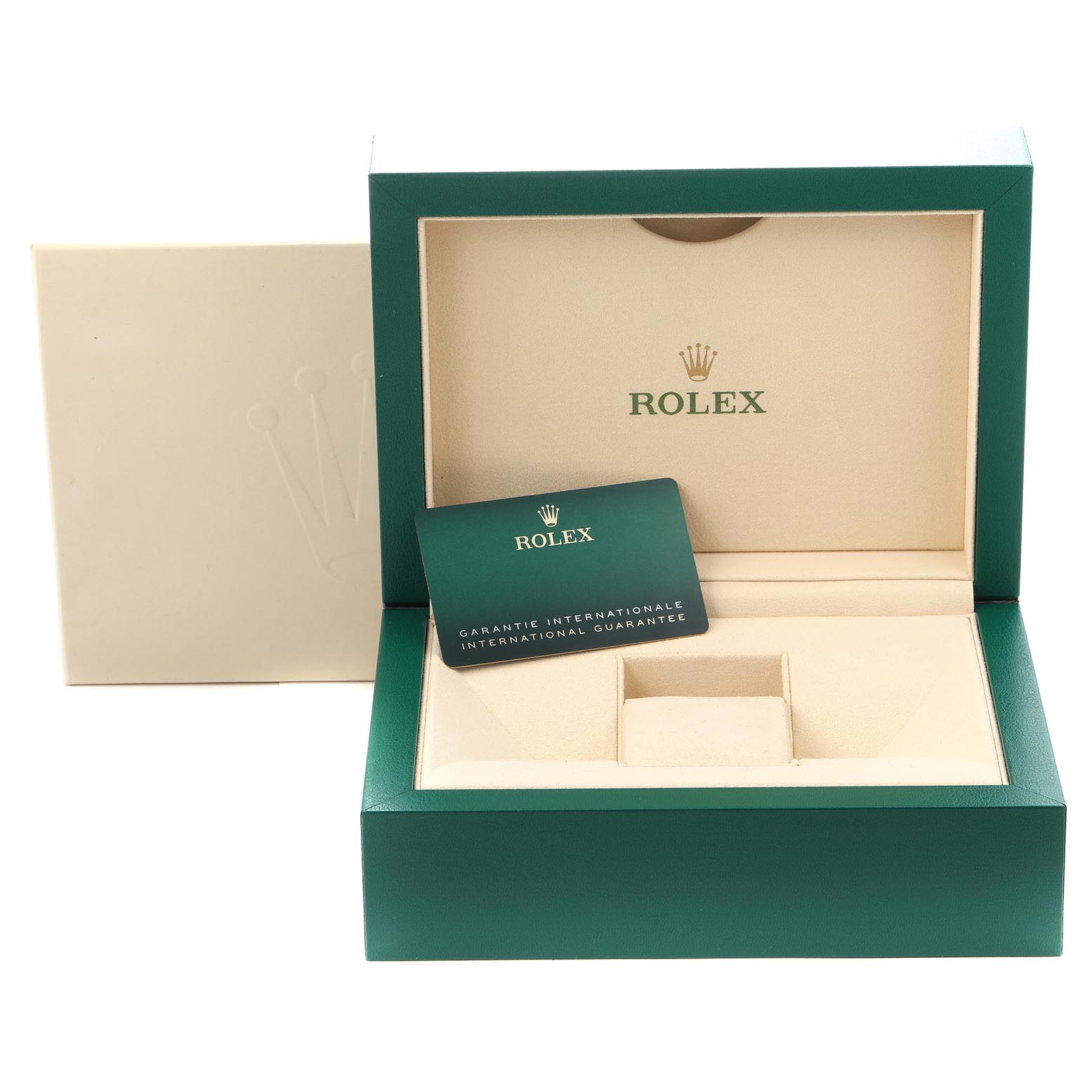 The image shows a Rolex Submariner 126613LB Men's Steel and Gold (two tone) Blue Dial 126613LB Men's Steel and Gold (two tone) Blue Dial watch box and guarantee card, viewed from the front.