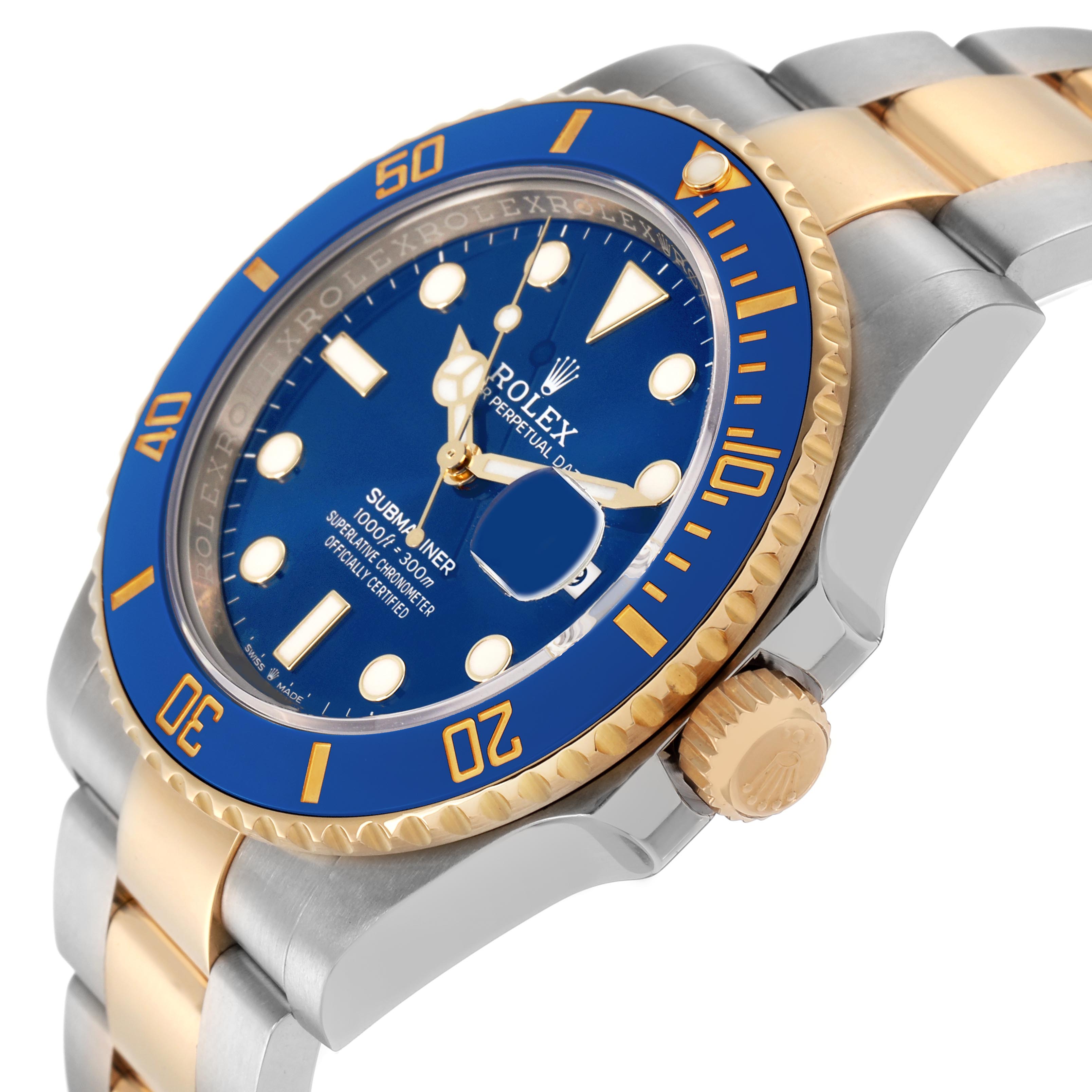 The image shows a side angle of the Rolex Submariner 126613LB Men's Steel and Gold (two tone) Blue Dial 126613LB Men's Steel and Gold (two tone) Blue Dial, highlighting the blue bezel, gold and steel bracelet, and crown.