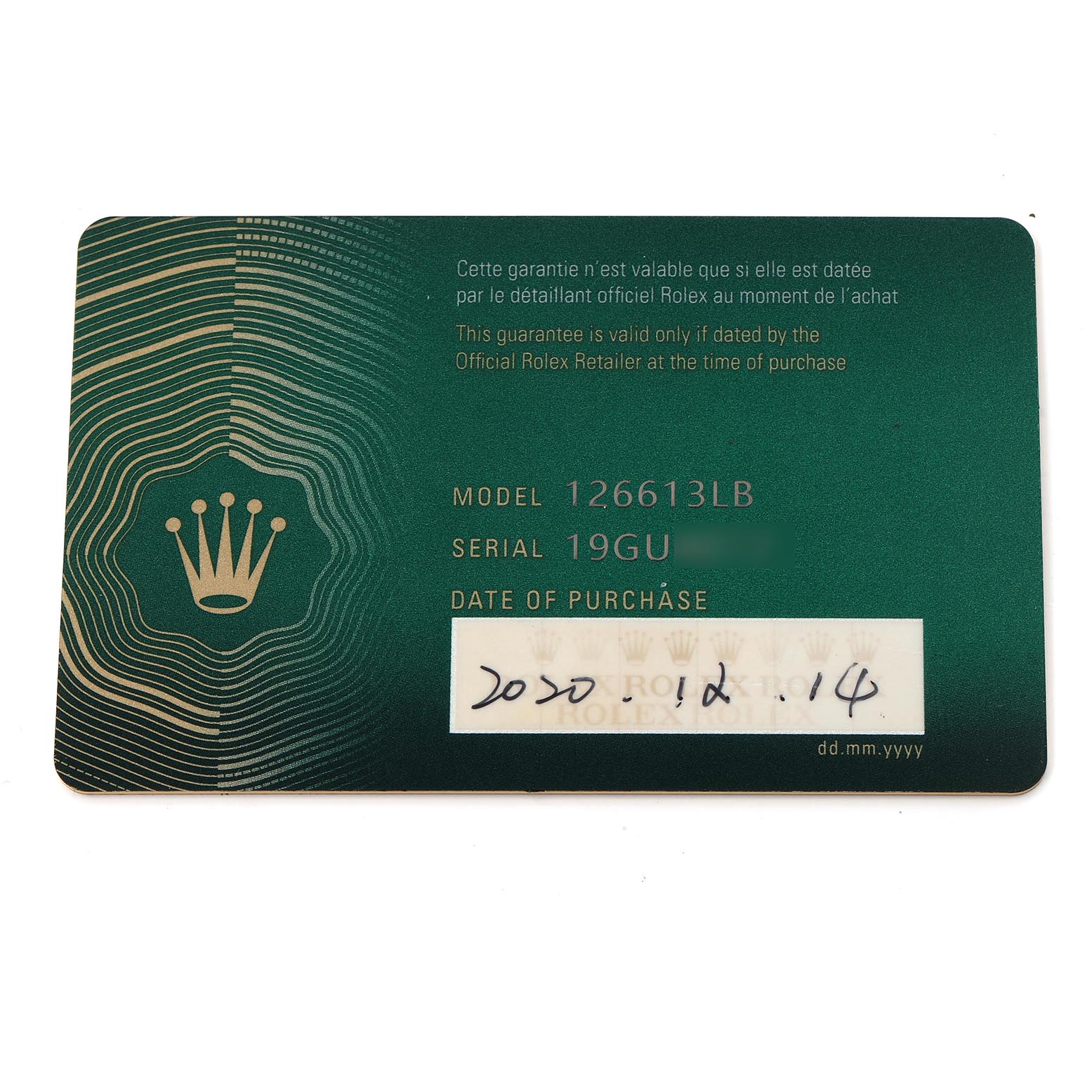 The image shows a warranty card for the Rolex Submariner 126613LB Men's Steel and Gold (two tone) Blue Dial 126613LB Men's Steel and Gold (two tone) Blue Dial model, displaying model, serial number, and purchase date.