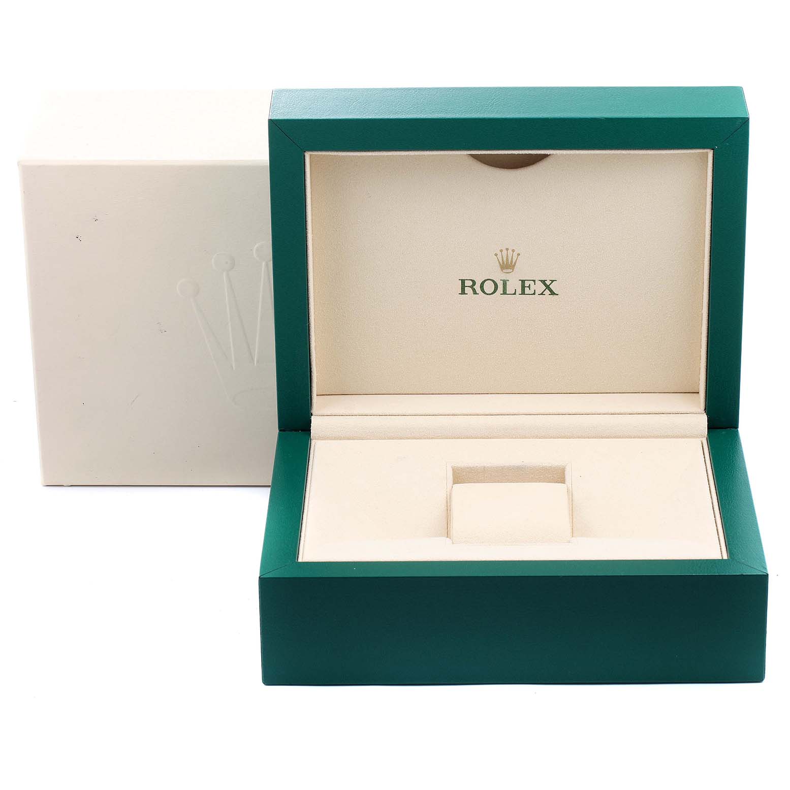 The image shows an open Rolex Submariner 116610LN Men
s Stainless Steel Black Dial 116610LN Men
s Stainless Steel Black Dial watch box, featuring a green exterior and beige interior with the Rolex logo.