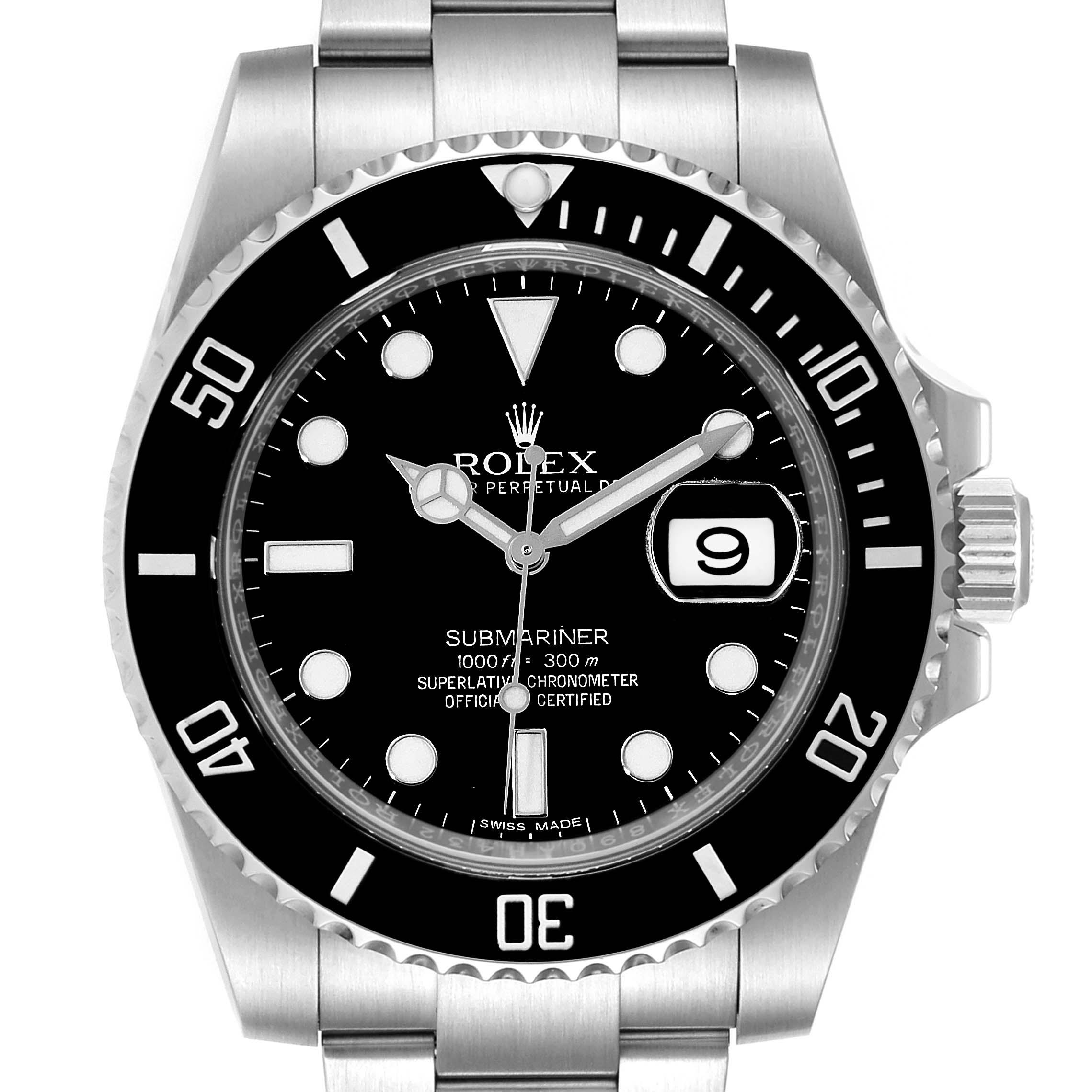 The image shows a front view of a Rolex Submariner 116610LN Men
s Stainless Steel Black Dial 116610LN Men
s Stainless Steel Black Dial watch, displaying the dial, bezel, crown, and part of the bracelet.