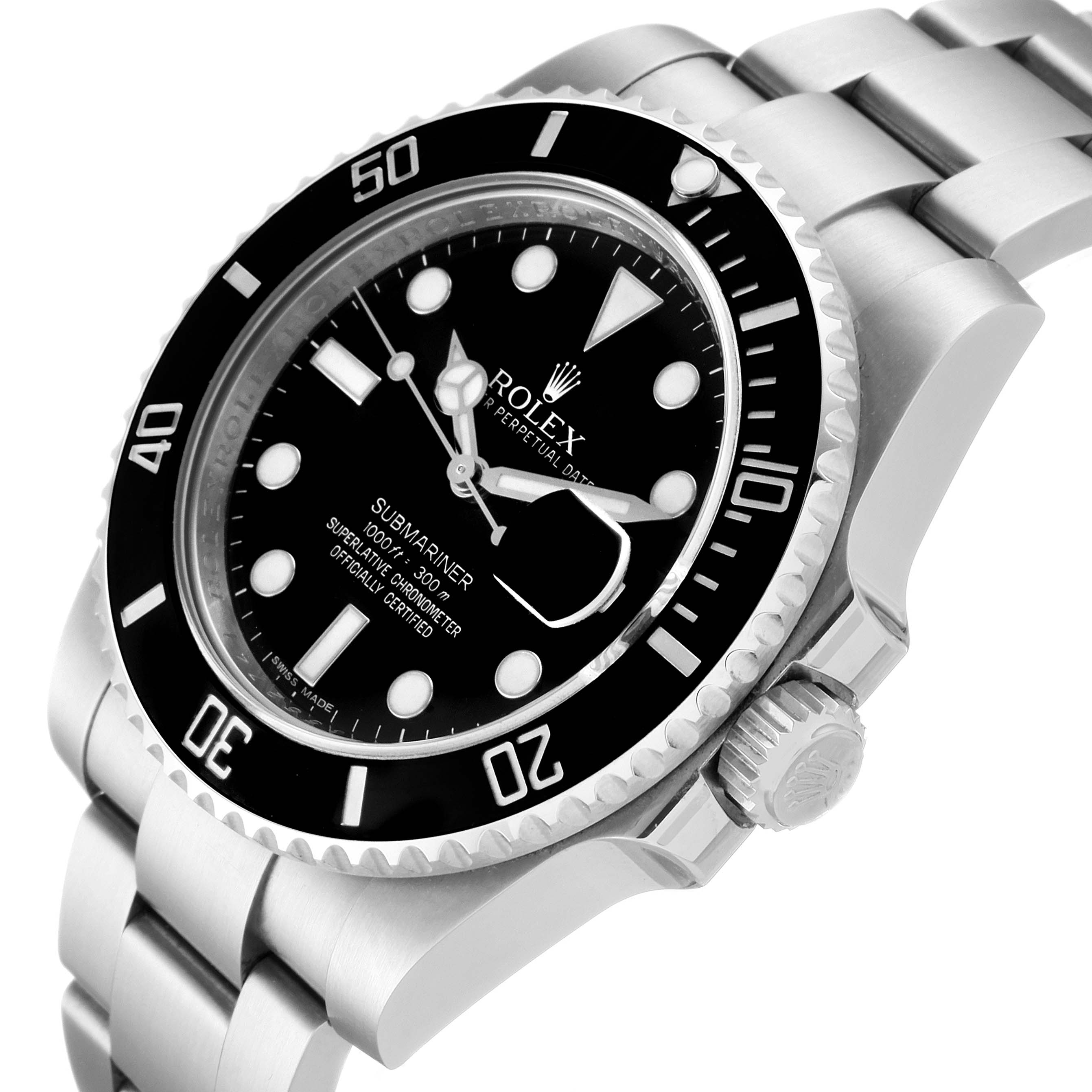 The image shows a close-up side angle of the Rolex Submariner 116610LN Men
s Stainless Steel Black Dial 116610LN Men
s Stainless Steel Black Dial watch, highlighting its bezel, dial, crown, and bracelet.