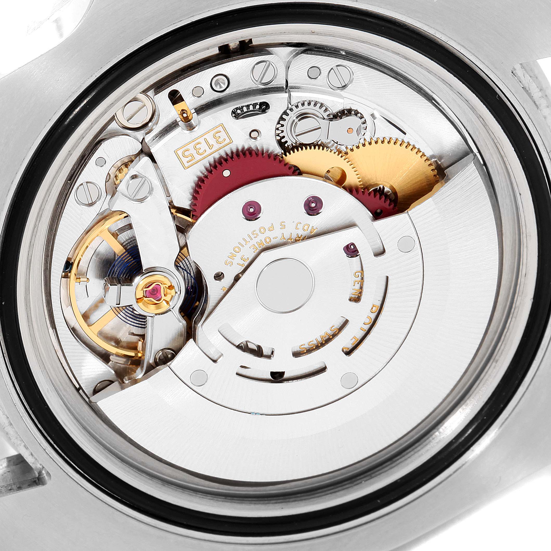 This image shows a close-up view of the movement mechanism inside a Rolex Submariner 116610LN Men
s Stainless Steel Black Dial 116610LN Men
s Stainless Steel Black Dial watch.
