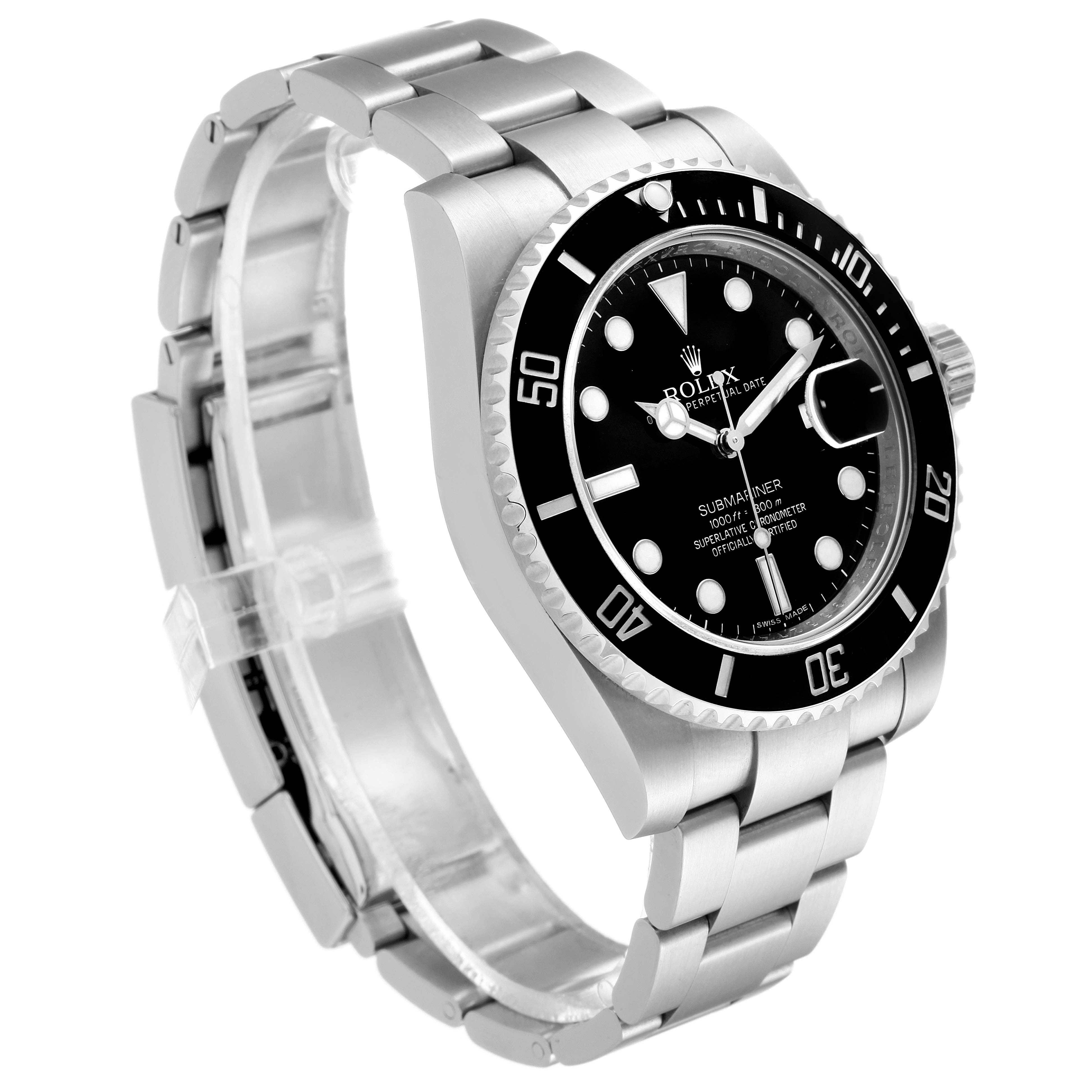 The Rolex Submariner 116610LN Men
s Stainless Steel Black Dial 116610LN Men
s Stainless Steel Black Dial watch is shown at a three-quarter angle, highlighting its stainless steel bracelet, black dial, and rotating bezel.