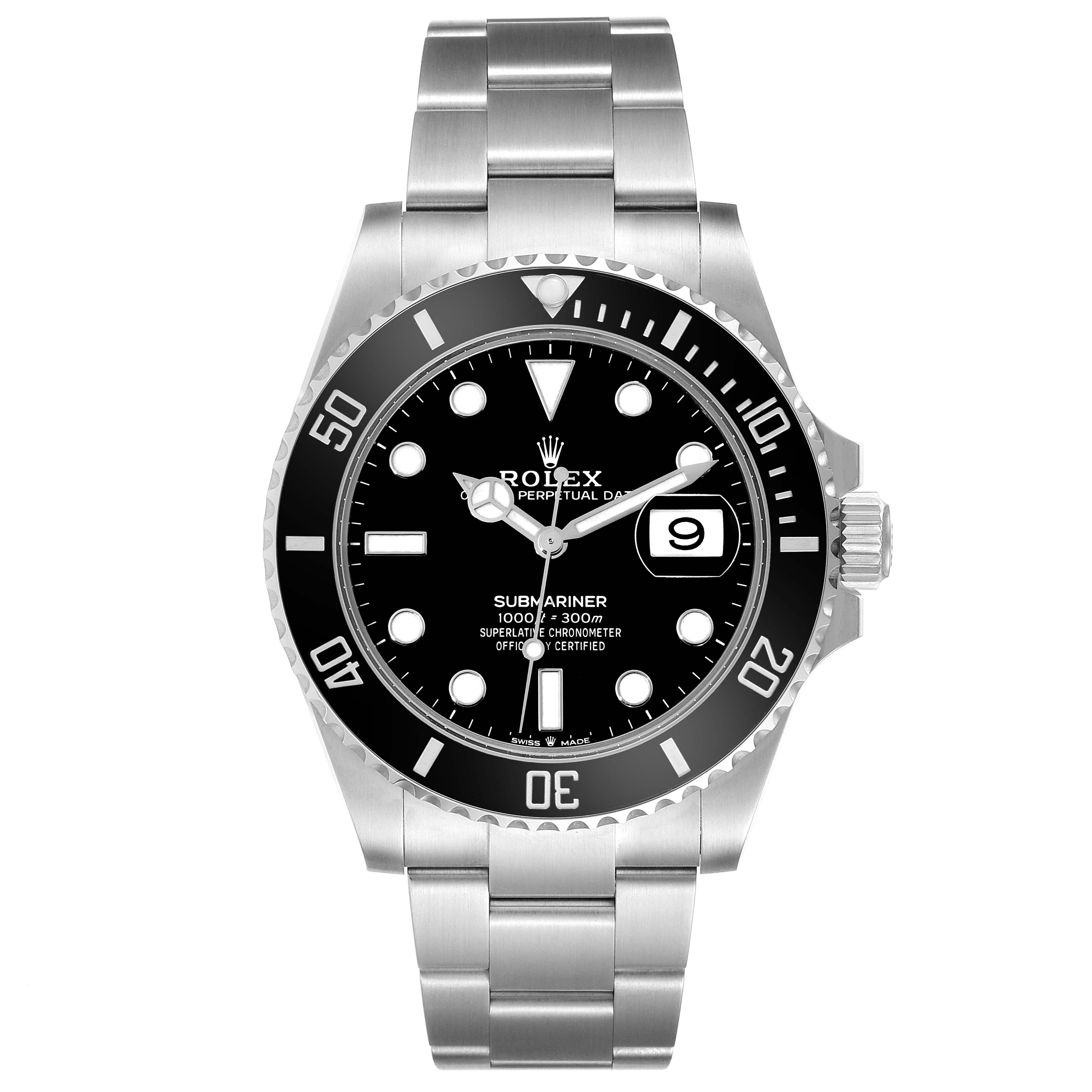 This image shows a front view of a Rolex Submariner 126610 Men
s Stainless Steel Black Dial 126610 Men
s Stainless Steel Black Dial watch, highlighting the dial, bezel, and bracelet.
