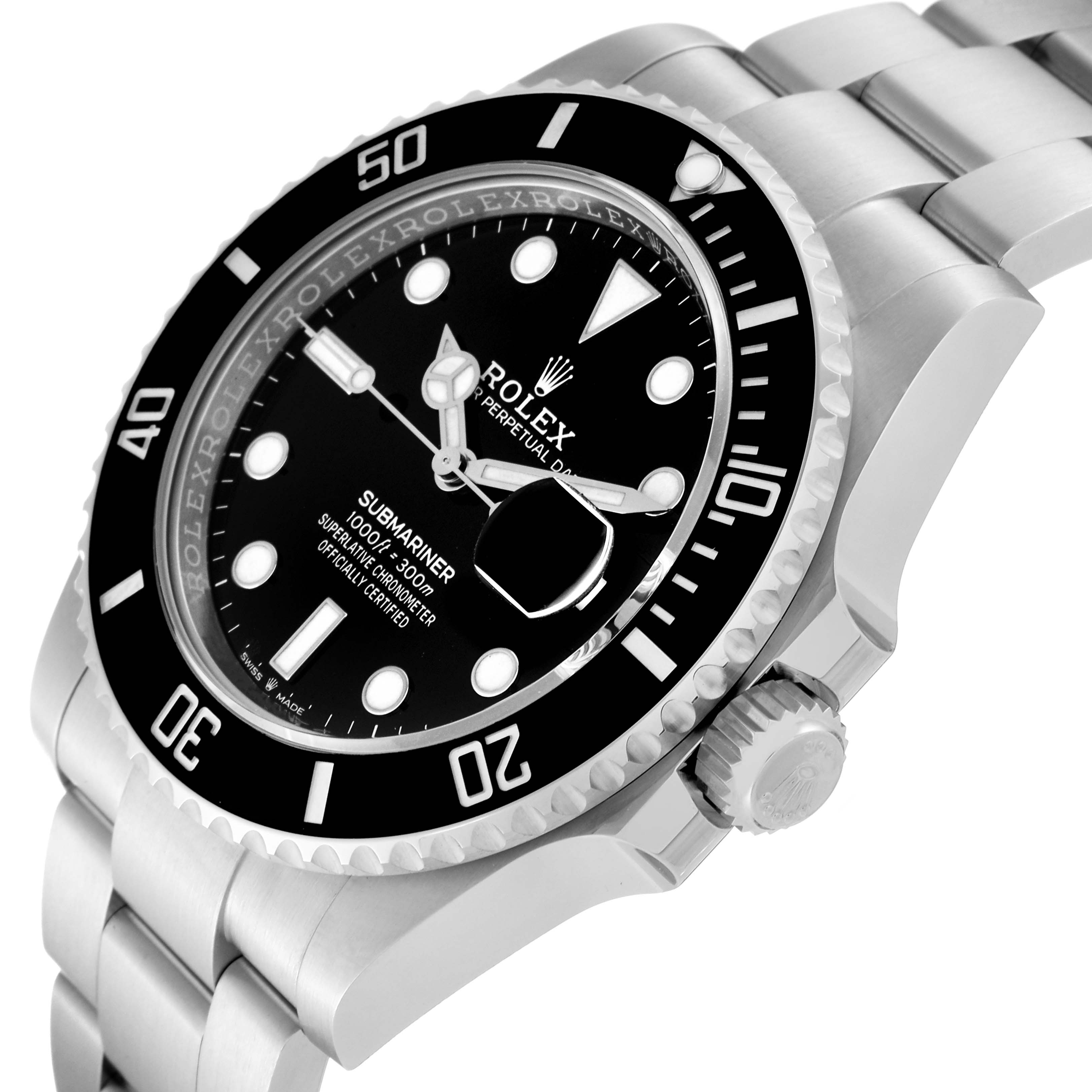 The Rolex Submariner 126610 Men
s Stainless Steel Black Dial 126610 Men
s Stainless Steel Black Dial watch is shown from an angled close-up view, highlighting the dial, bezel, crown, and part of the bracelet.